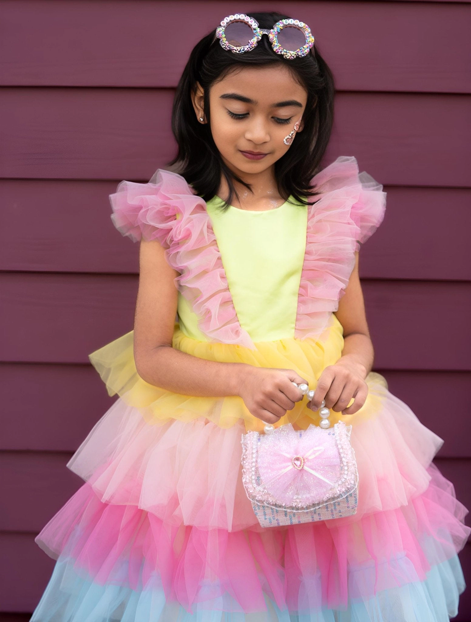 Faeella Girls Neon Glow Pastel Rainbow Tulle Birthday Dress