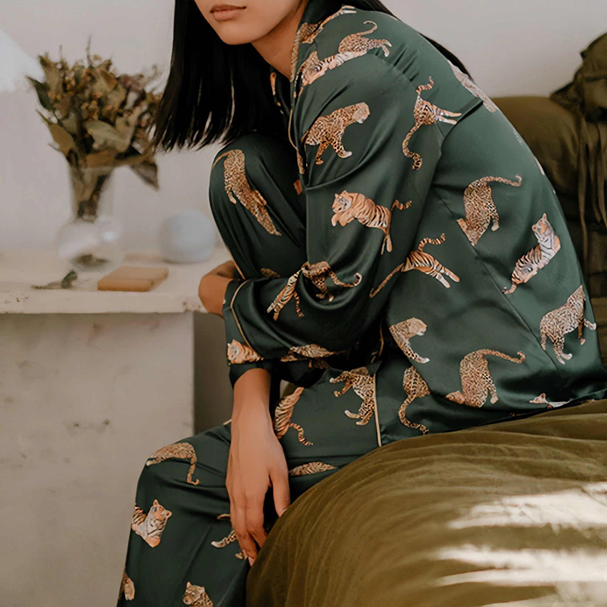 Anna-Kaci Women's Long Sleeve Button Front Pajama Set with Tiger Print and Satin Finish