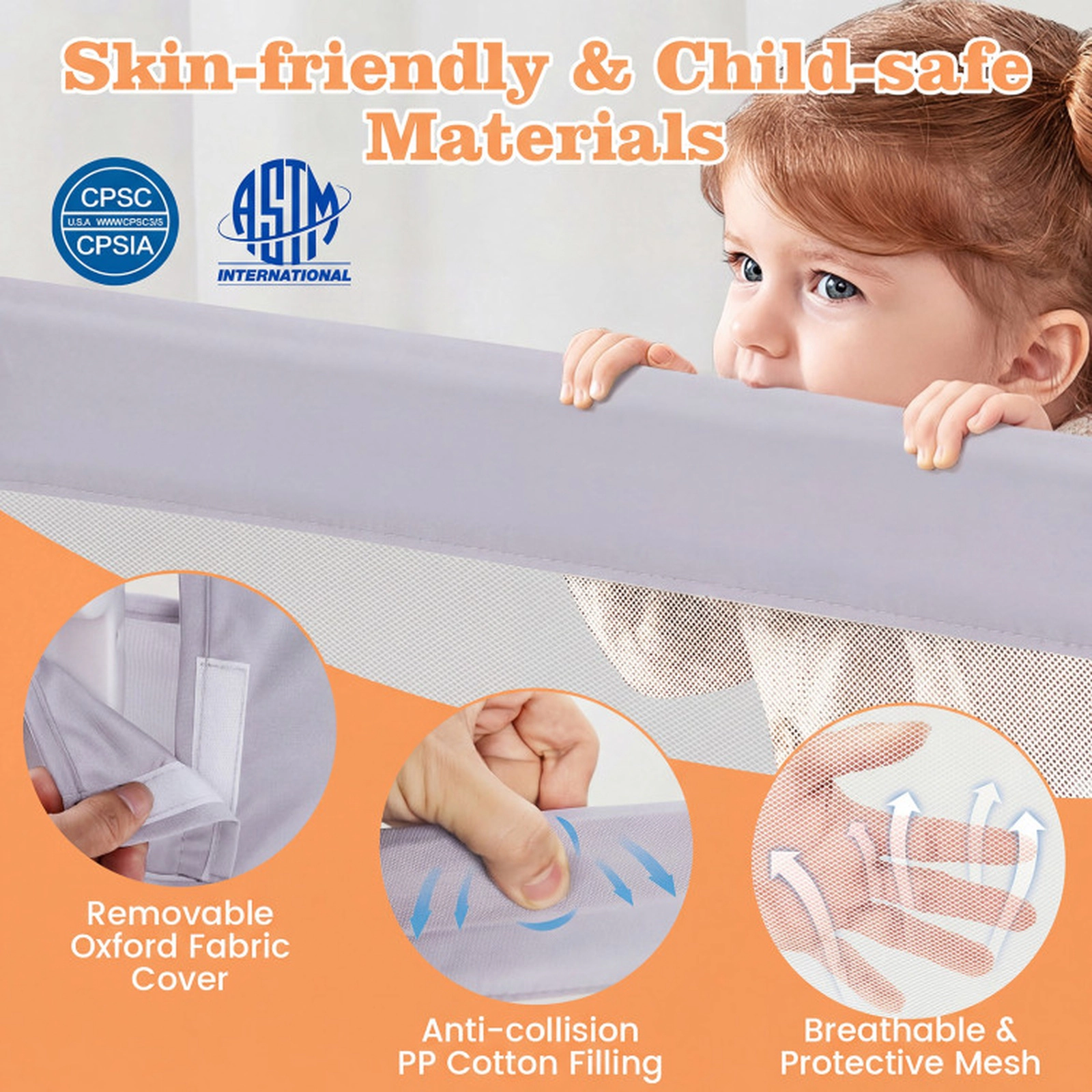 SUGIFT Light Gray Swing Down 47-in Foldable Baby Bed Rail Guard