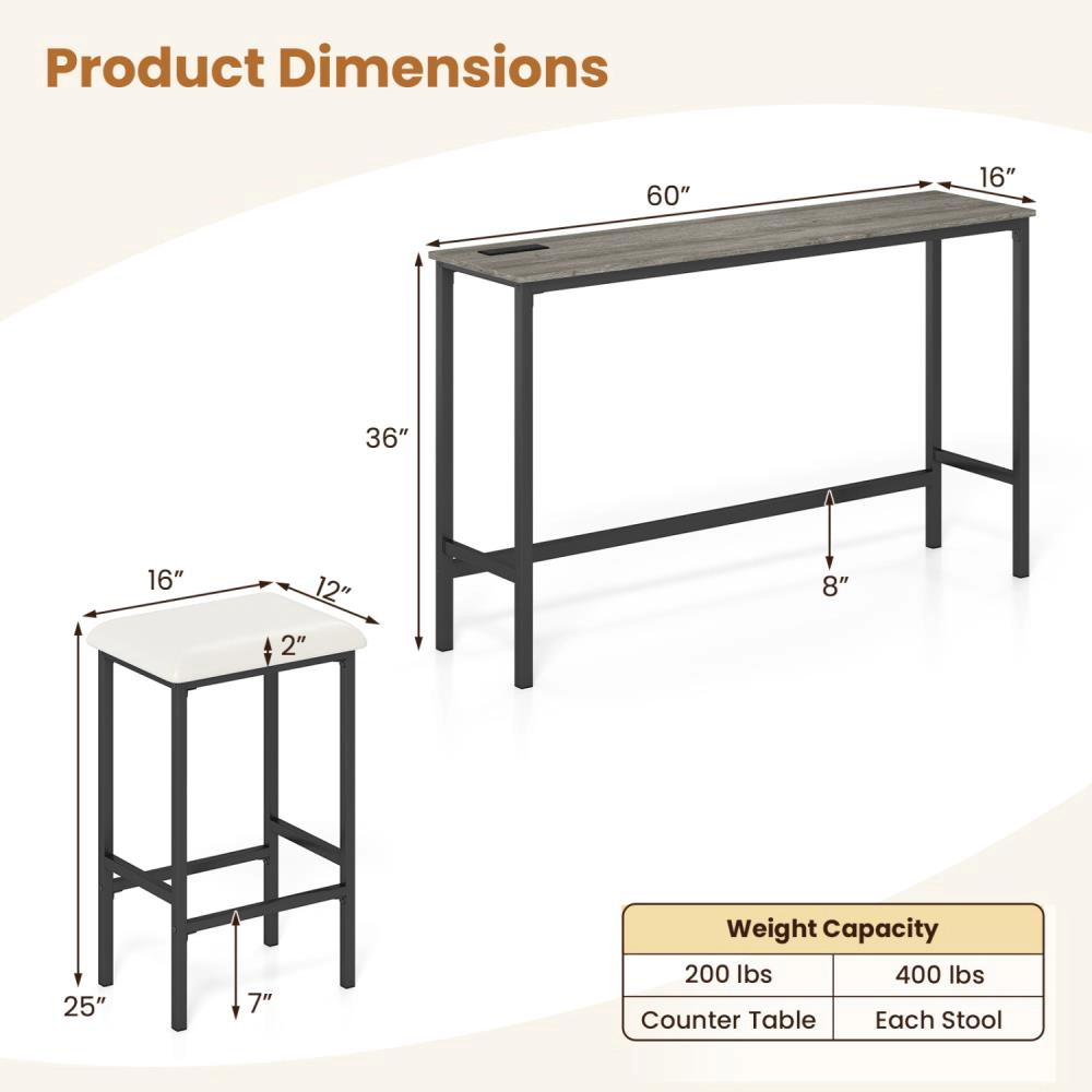 Hivvago 4 Pieces Counter Height Bar Table With Power Outlet With 3 Padded Stools