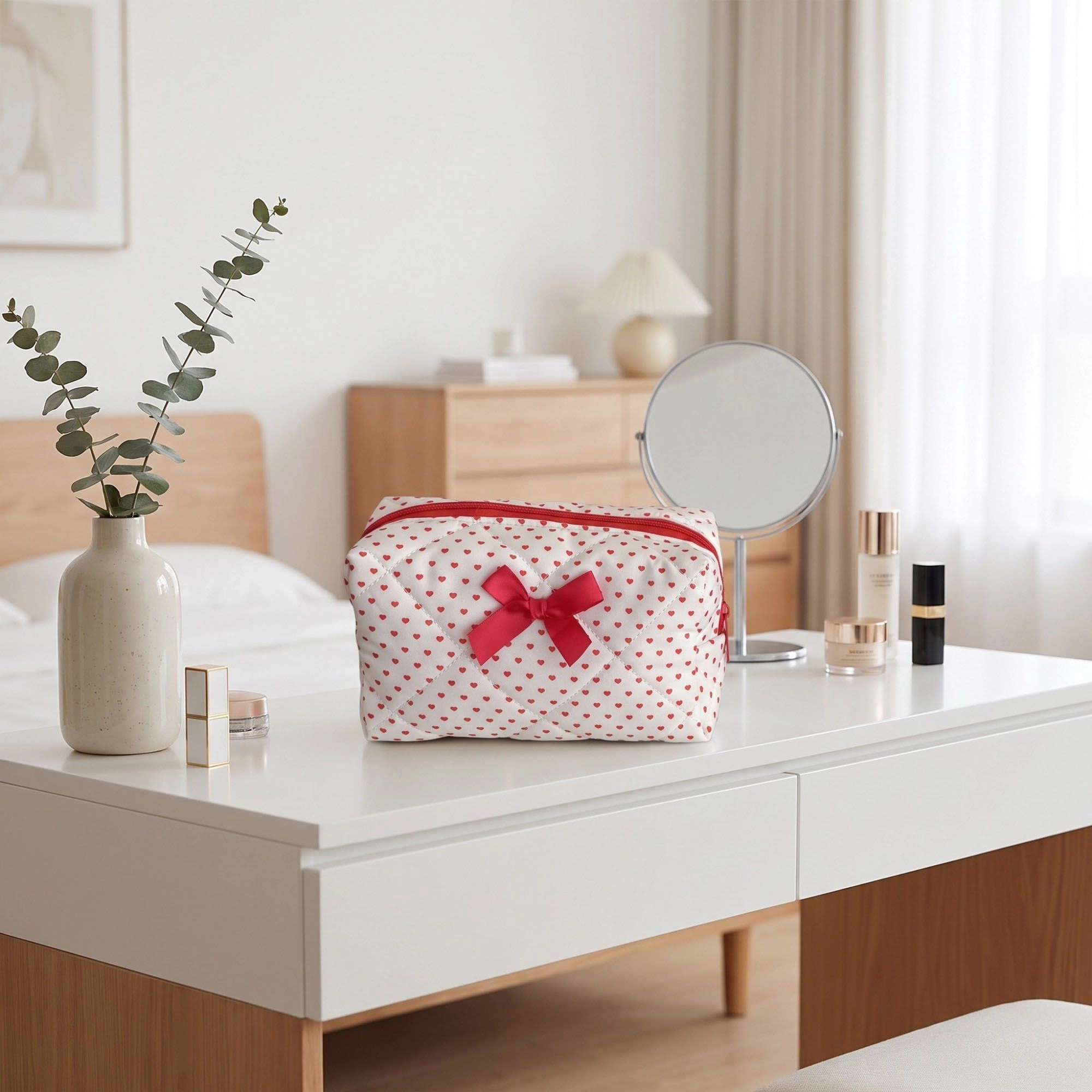 Alilang Unisex Quilted Heart Print Makeup Bag with Bow Cosmetic Pouch