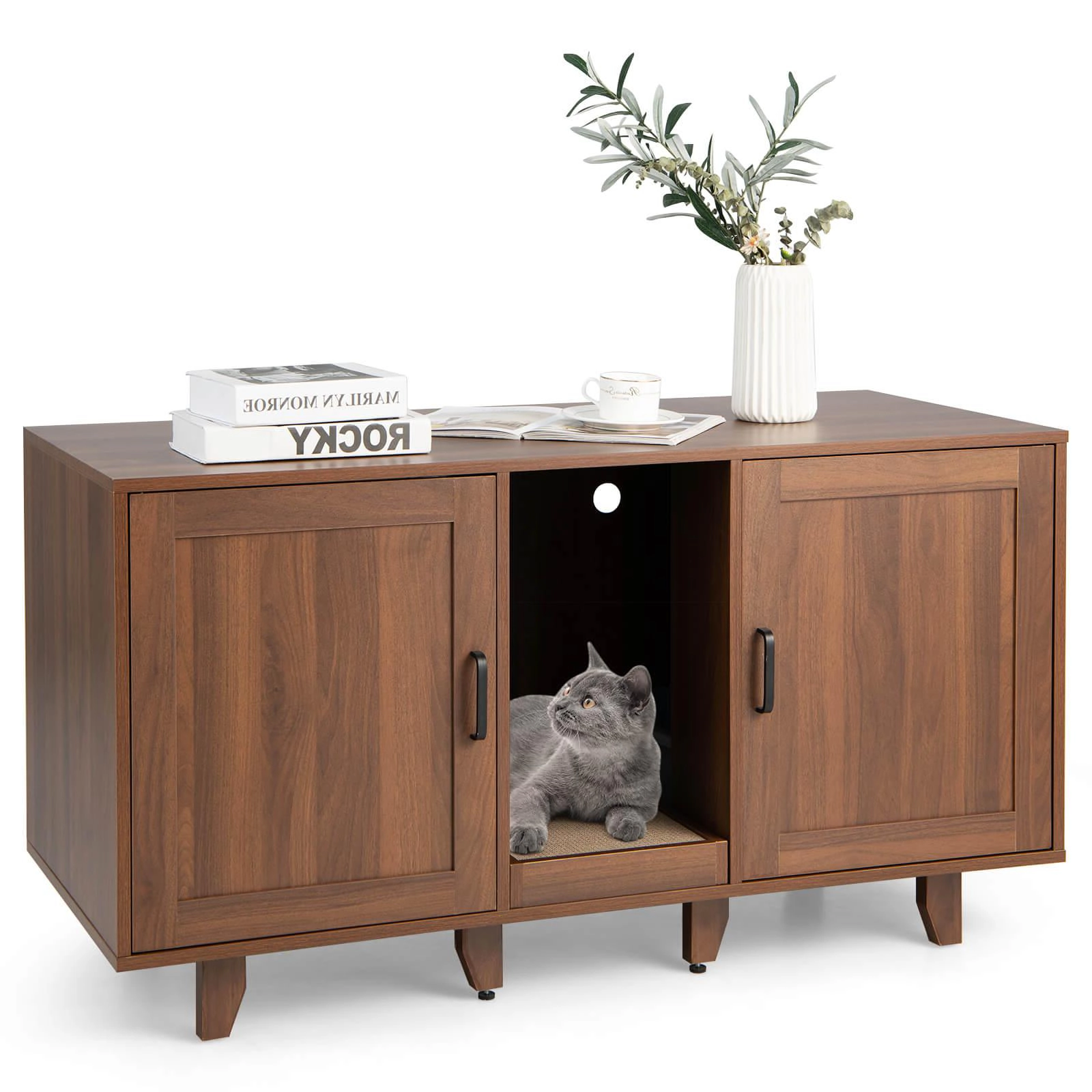 SUGIFT Brown 2-Door Cat Litter Box Enclosure with Winding Entry 47.5-in W 20.5-in D 25.5-in H 44-lb Top Capacity
