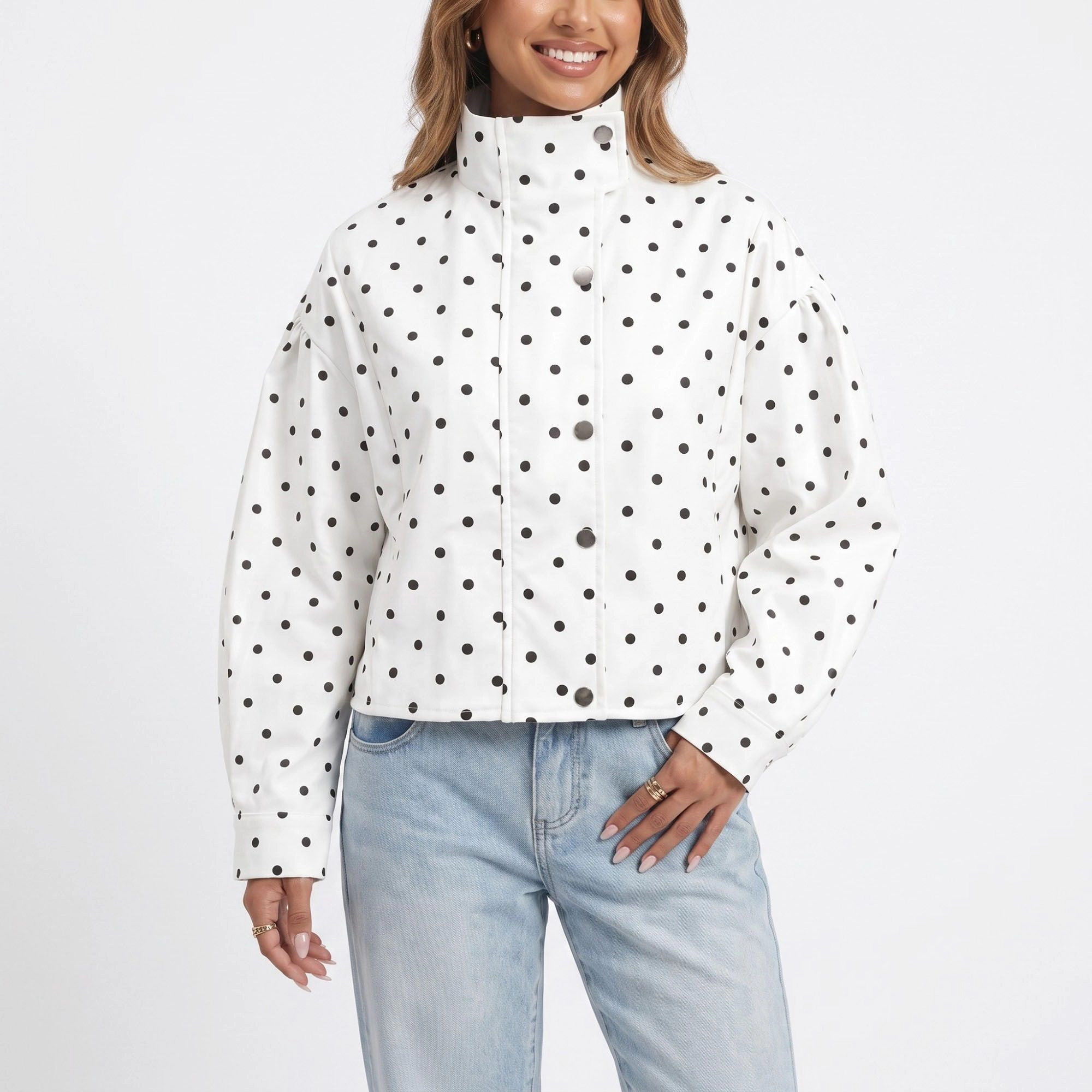 Anna-Kaci Women's Polka Dot Stand Collar Cropped Jacket Snap Front Relaxed Fit Long Sleeve
