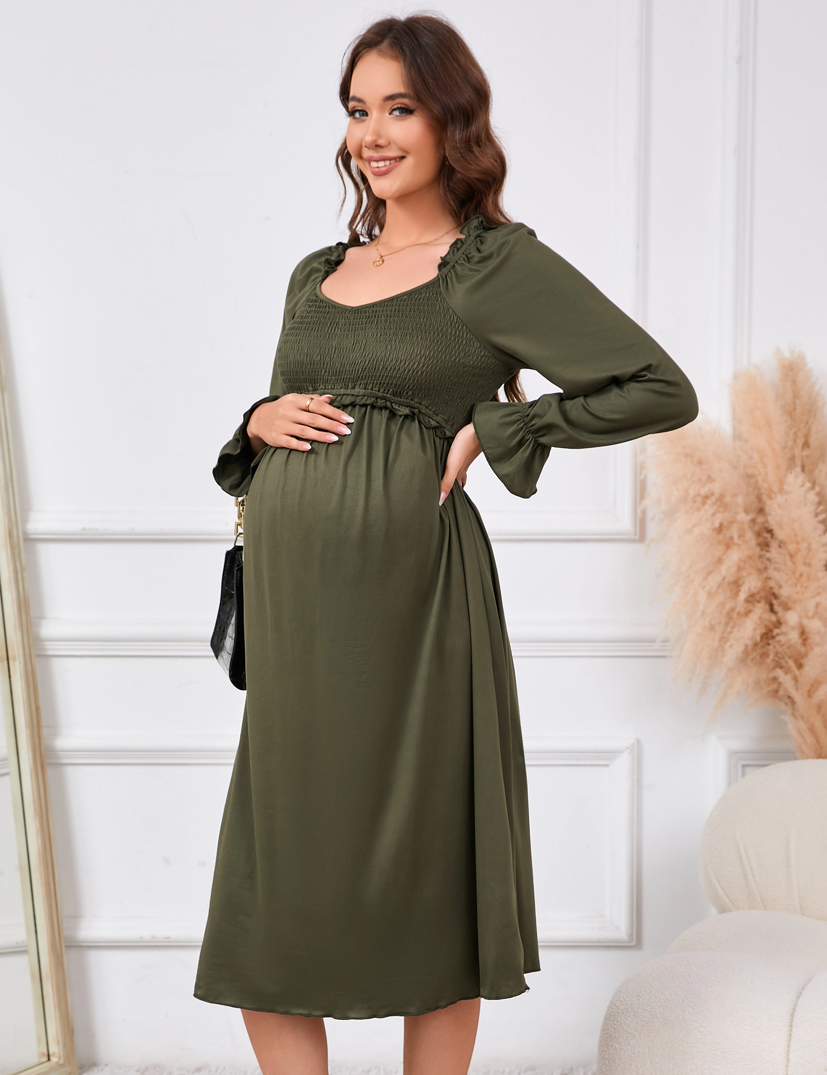 KOJOOIN Maternity Smocked Maxi Dress for Women V-Neck Long Sleeve Flowy