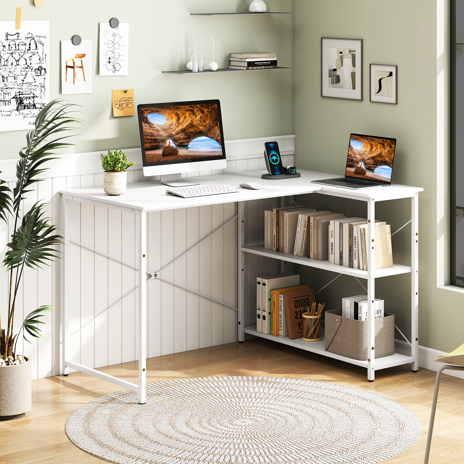 SUGIFT White Reversible L-Shaped Corner Desk with Removable Shelf and Charging Station