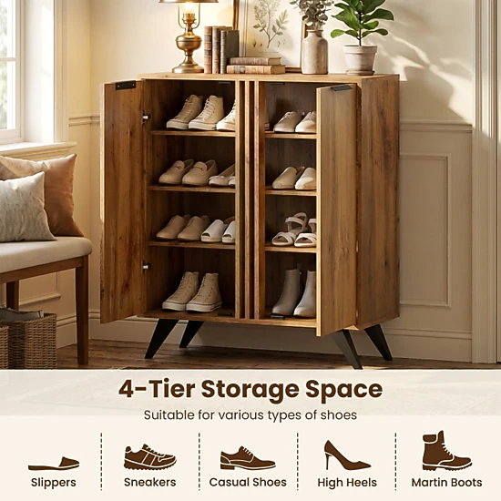 SUGIFT 4-Tier Natural Freestanding Shoe Rack Cabinet with 2 Doors and Ventilated Design 31.5-in W 37.5-in H