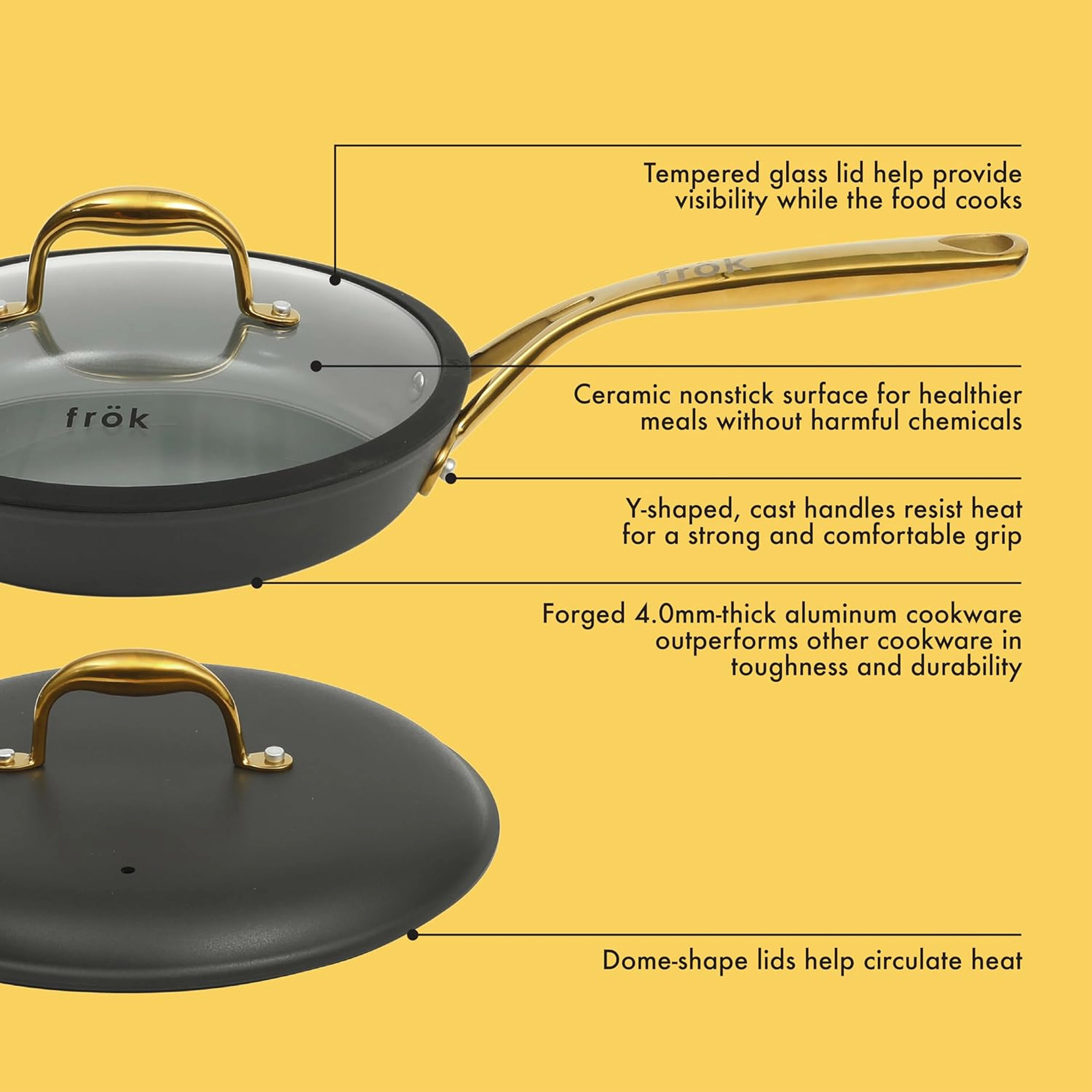 Frok 10 Piece Cearmic Nonstick Aluminum Cookware Set in Black with Gold Handles