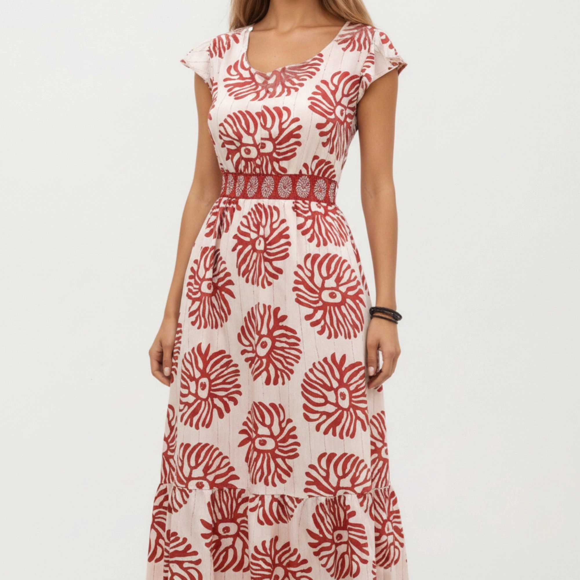Anna-Kaci Women's Short Sleeve Printed V Neck Smocked Waist Tiered Flowy Silhouette Maxi Dress