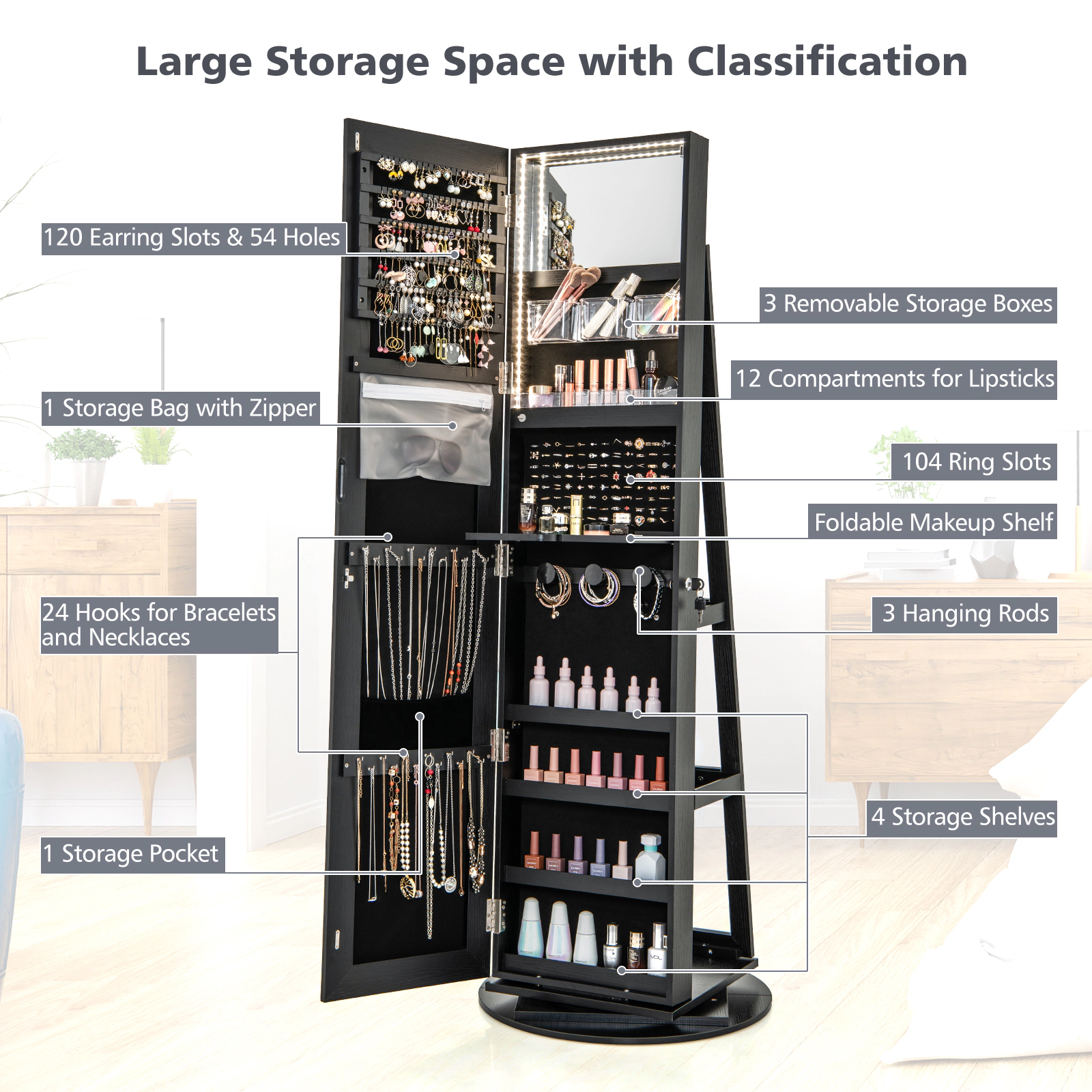 SUGIFT Black Lockable Jewelry Cabinet Armoire with Vanity Mirror 360-Degree Swivel Base and Makeup Shelf