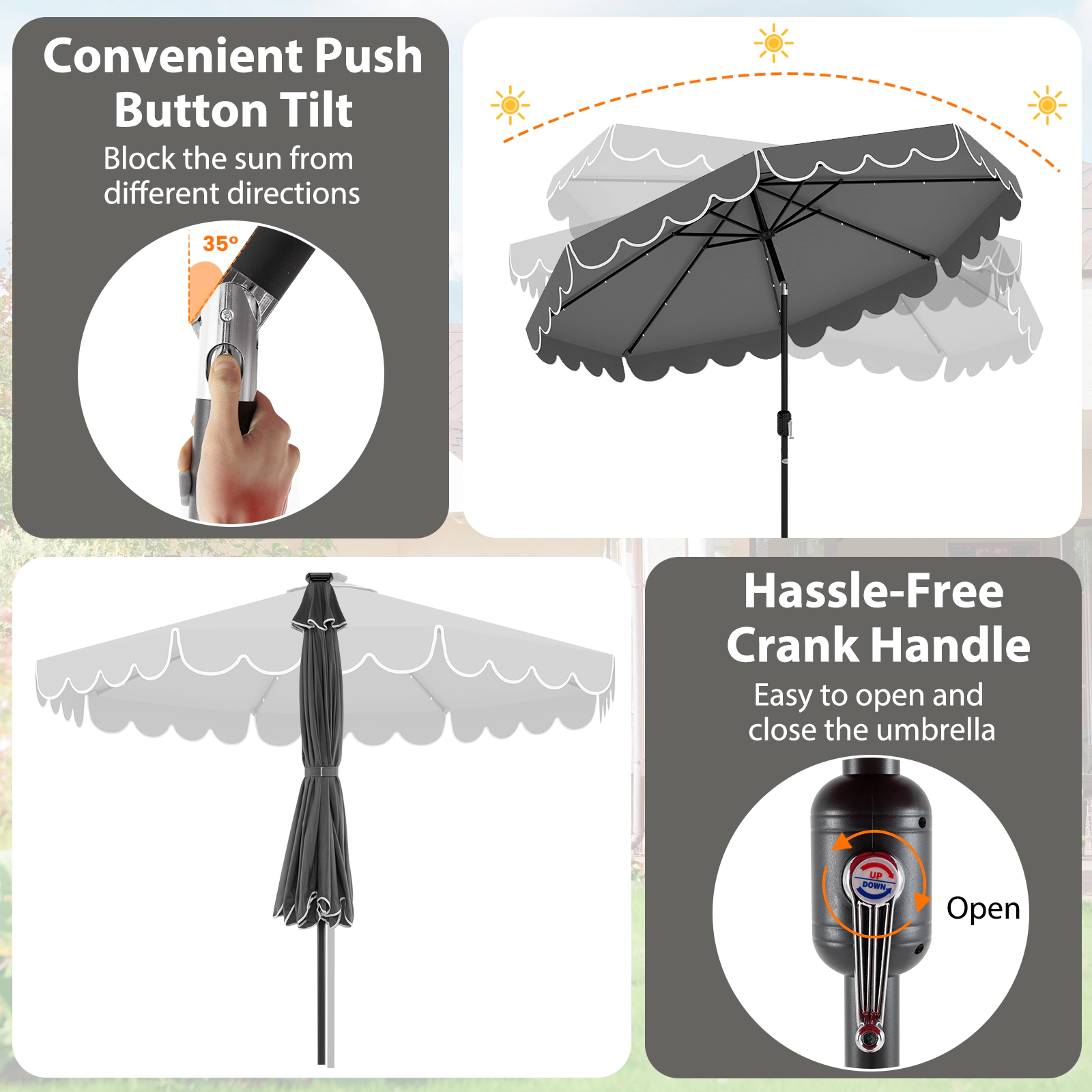 SUGIFT 10-ft Gray Solar LED Patio Umbrella with 24 Lights Push-Button Tilt and Vented Ruffled Canopy