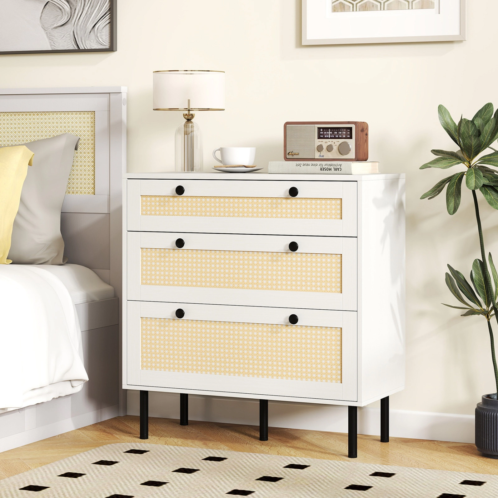 SUGIFT White Rattan 3-Drawer Dresser Nightstand, Boho Bedroom Chest