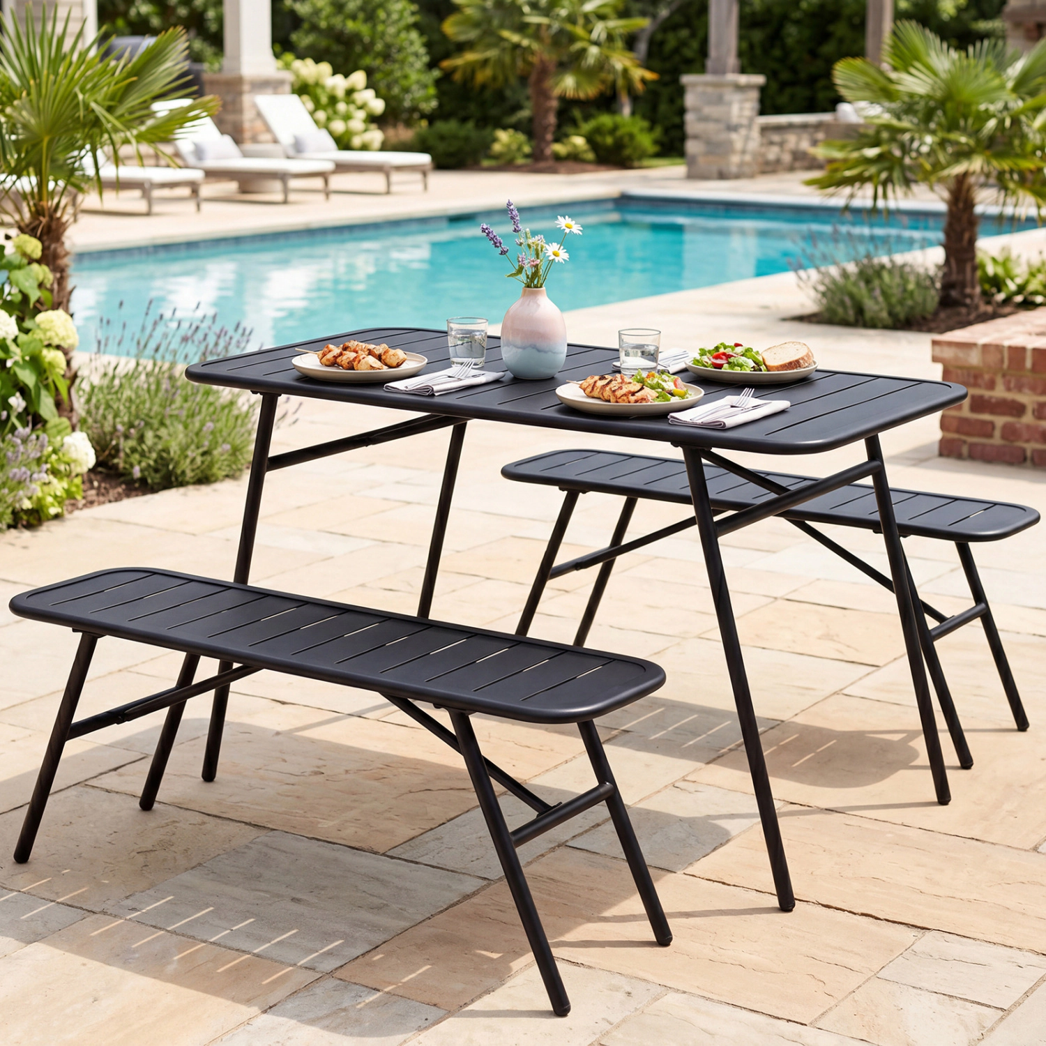 Hivvago 3-Piece Outdoor Dining Set With Coffee Table And 2 Benches For Backyard Deck