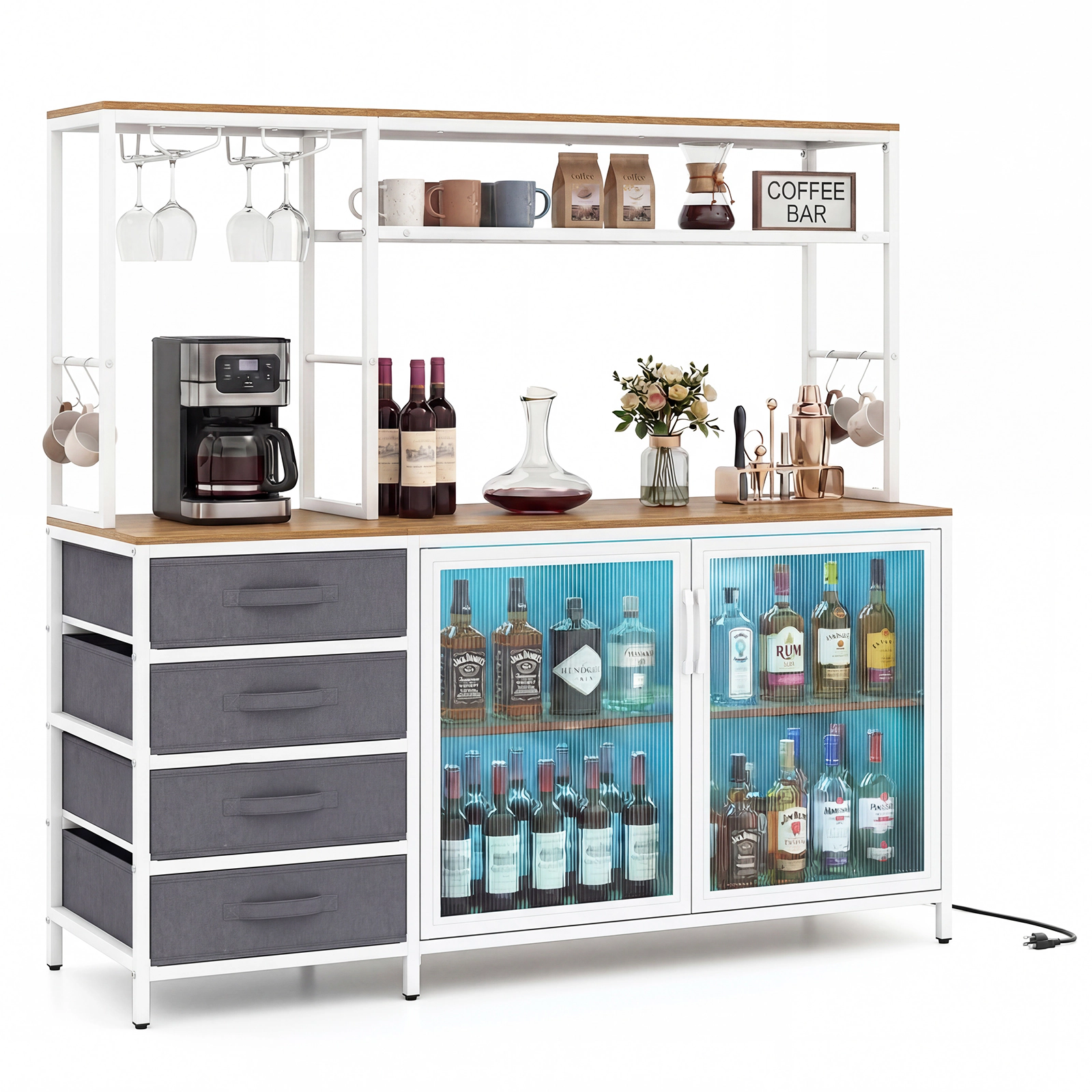 Glintex 55-Inch Sideboard with LED Lights 4 Fabric Drawers and Wine Rack