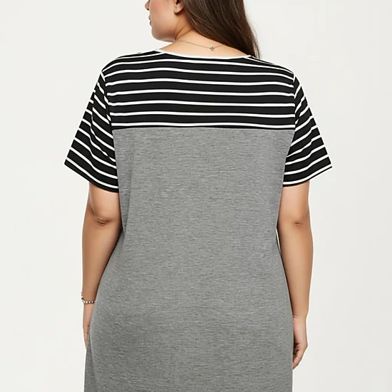 Anna-Kaci Women's Plus Size Short Sleeve Stripe Contrast Top Color Block T Shirt Dress