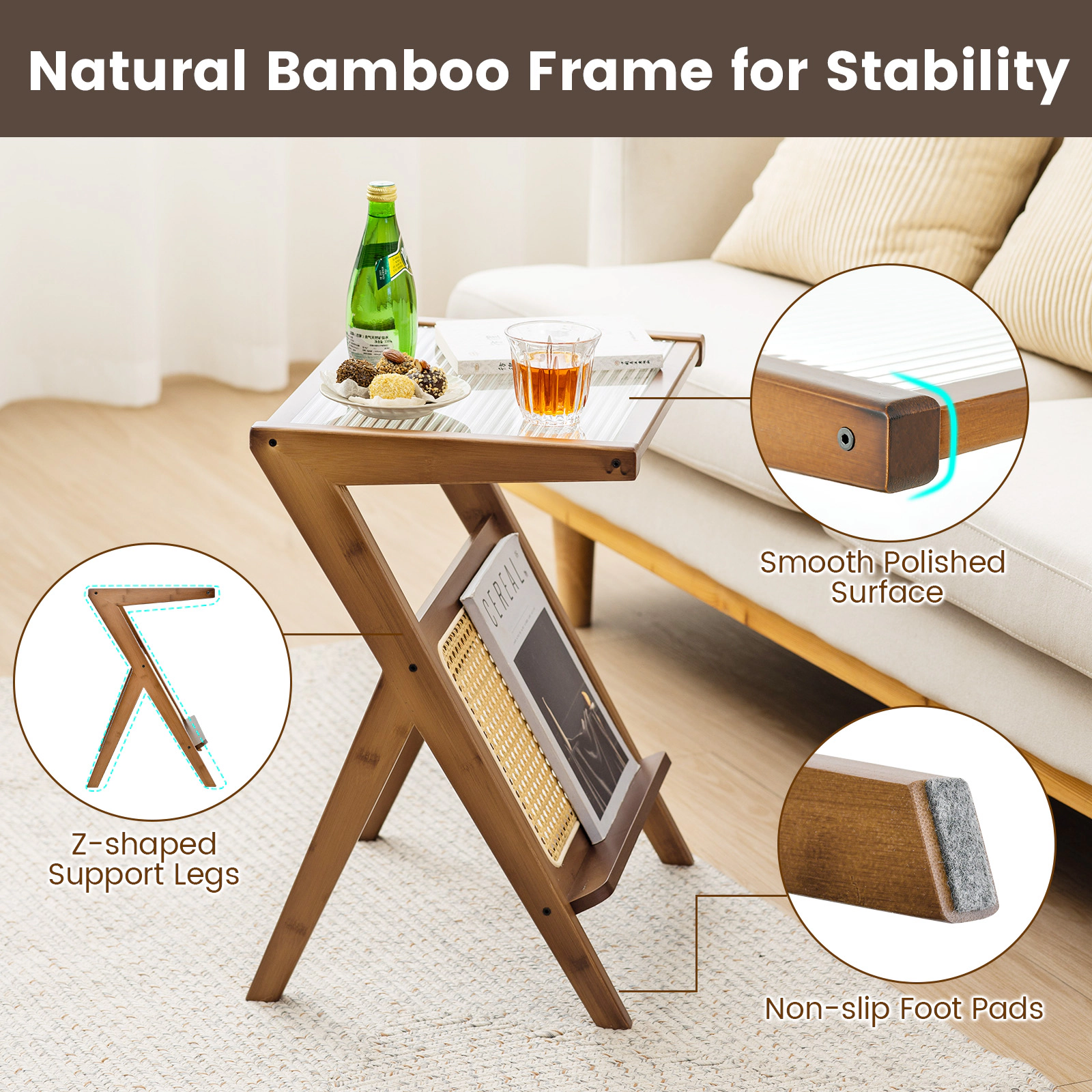 Glintex Boho End Table with Tempered Glass Top Rattan Trim and Bamboo Z-Frame