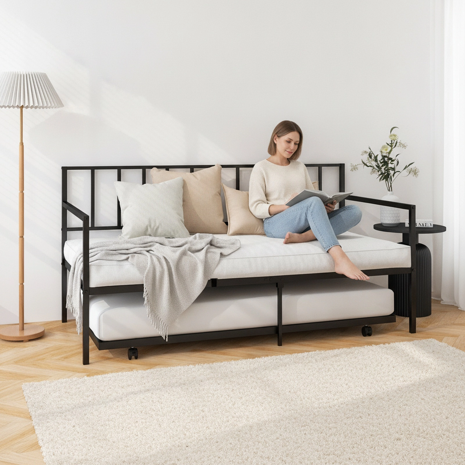 SUGIFT Twin Daybed with Rolling Trundle, Steel Slat Platform, Black