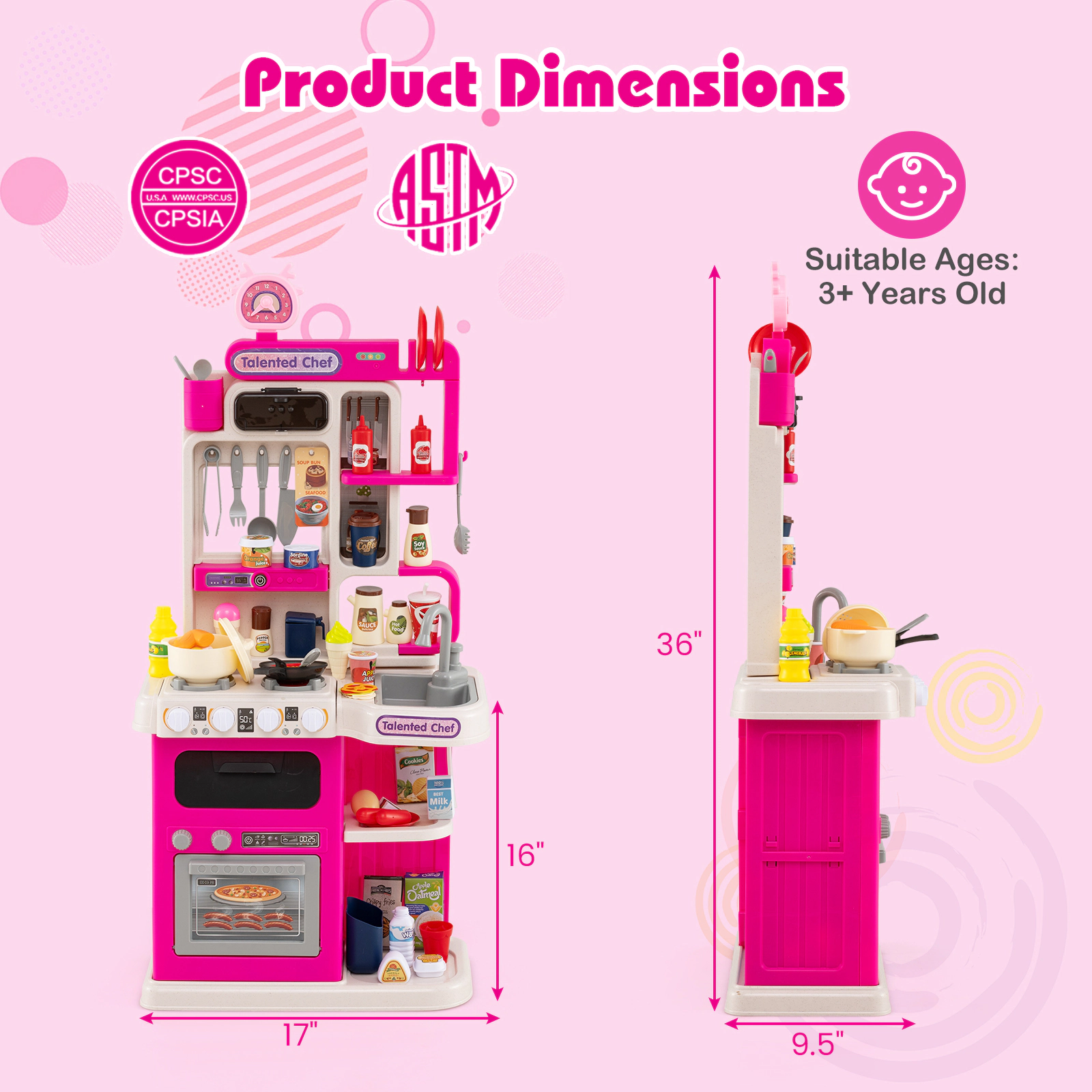 Kids Play Kitchen with 95-pc Accessories Steam Effect Water Circulation Lights and Sounds 17.5-in x 9.5-in x 36-in Pink