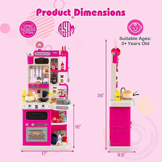 Kids Play Kitchen with 95-pc Accessories Steam Effect Water Circulation Lights and Sounds 17.5-in x 9.5-in x 36-in Pink