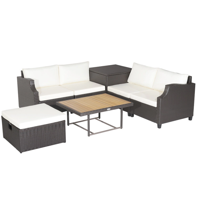 Hivvago 7 Pieces Hand-Woven Wicker Outdoor Furniture Set With Acacia Wood Coffee Table
