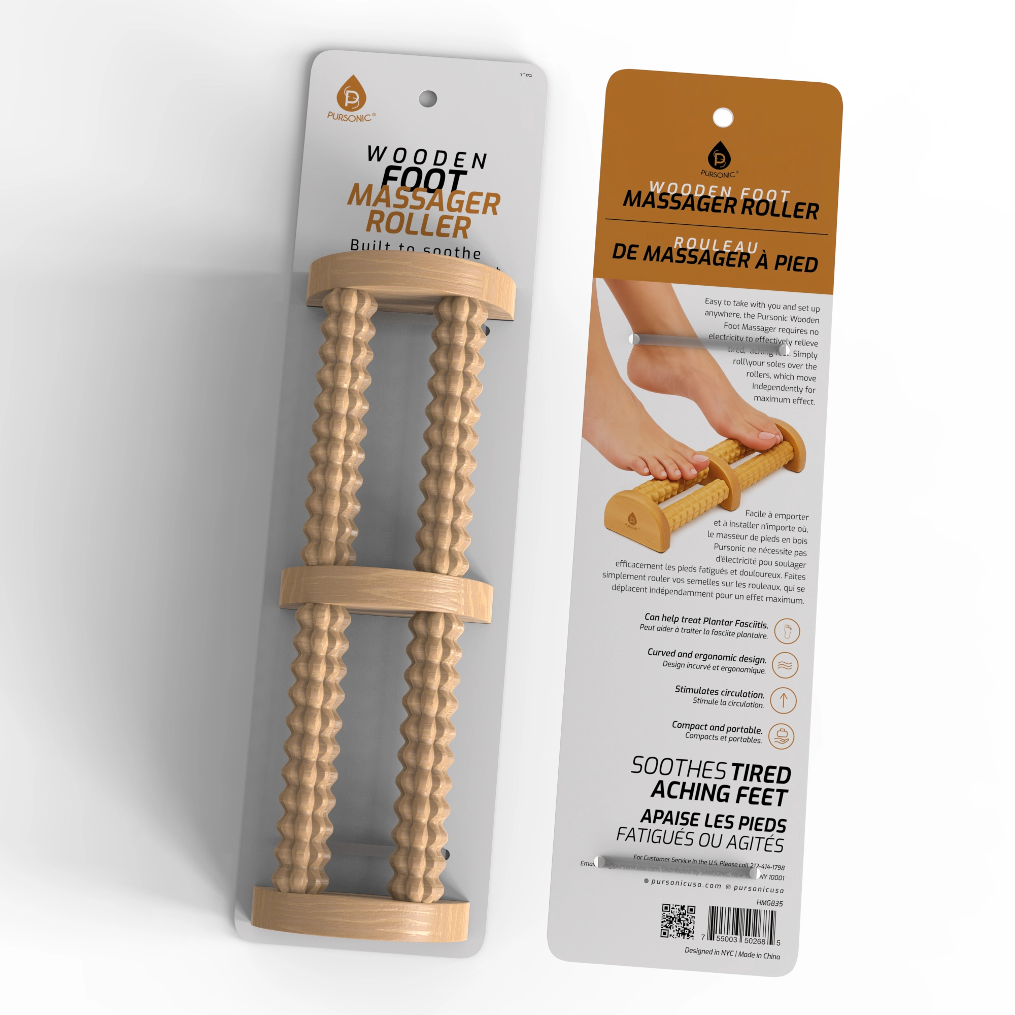 Pursonic Unisex Natural Wood Foot Relief & Relaxation Dual Roller Massager