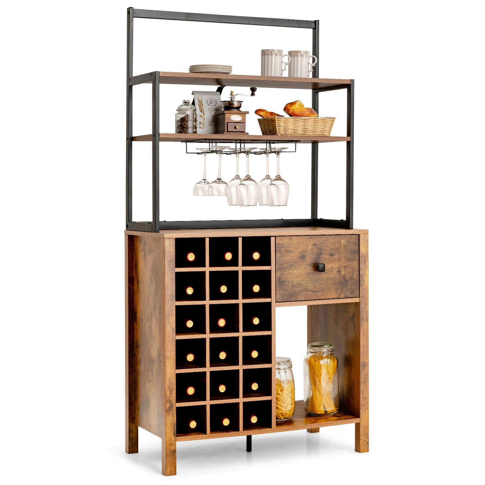 SUGIFT 64-in 3-Tier 66-lb Shelf Rustic Brown Bakers Rack with 18-Bottle Wine Rack Glass Holder and Drawer