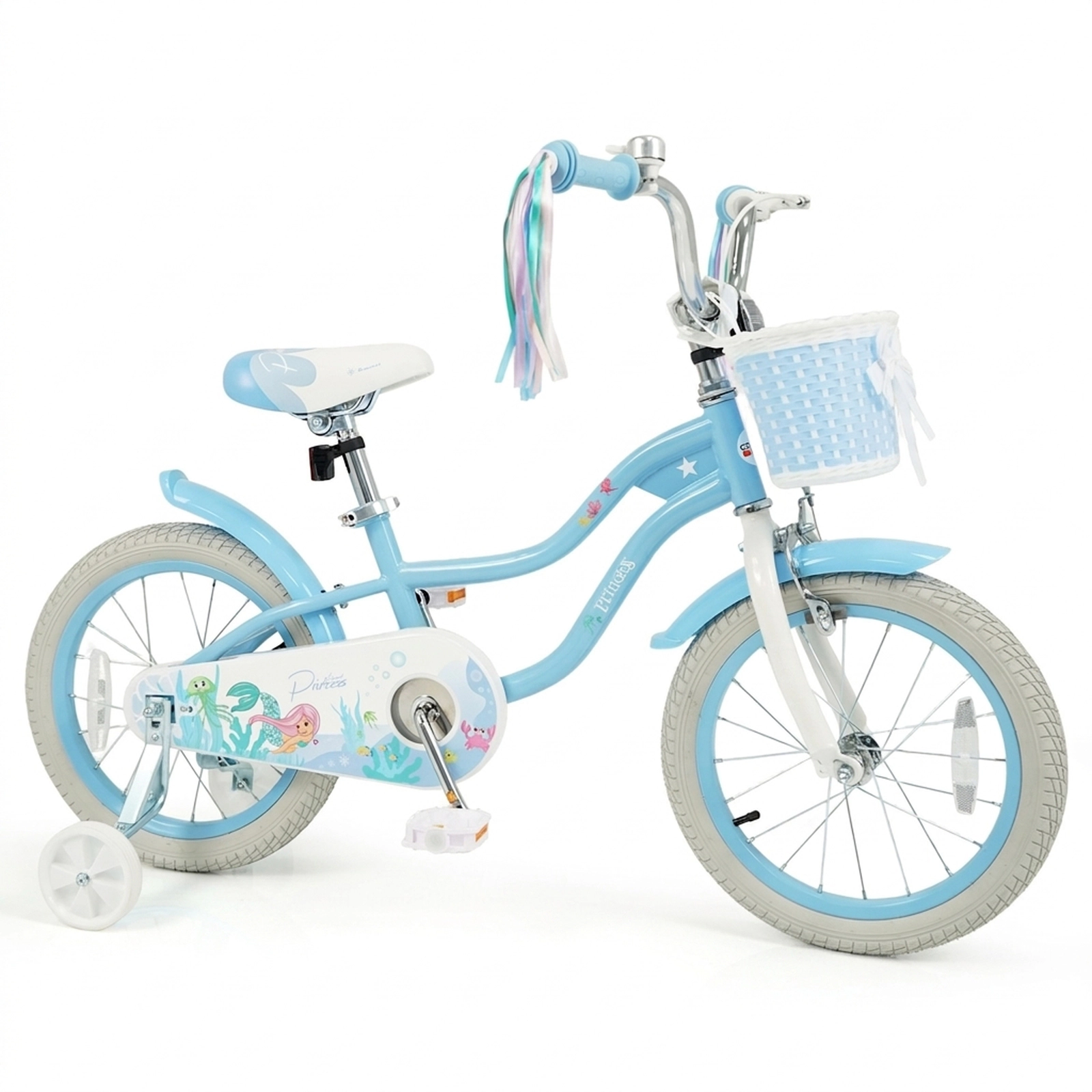 SUGIFT Adjustable 16-in Kids Bike with Basket and Streamers 110-lb Seat Capacity Ages 4-7 Blue Princess of the Sea Theme