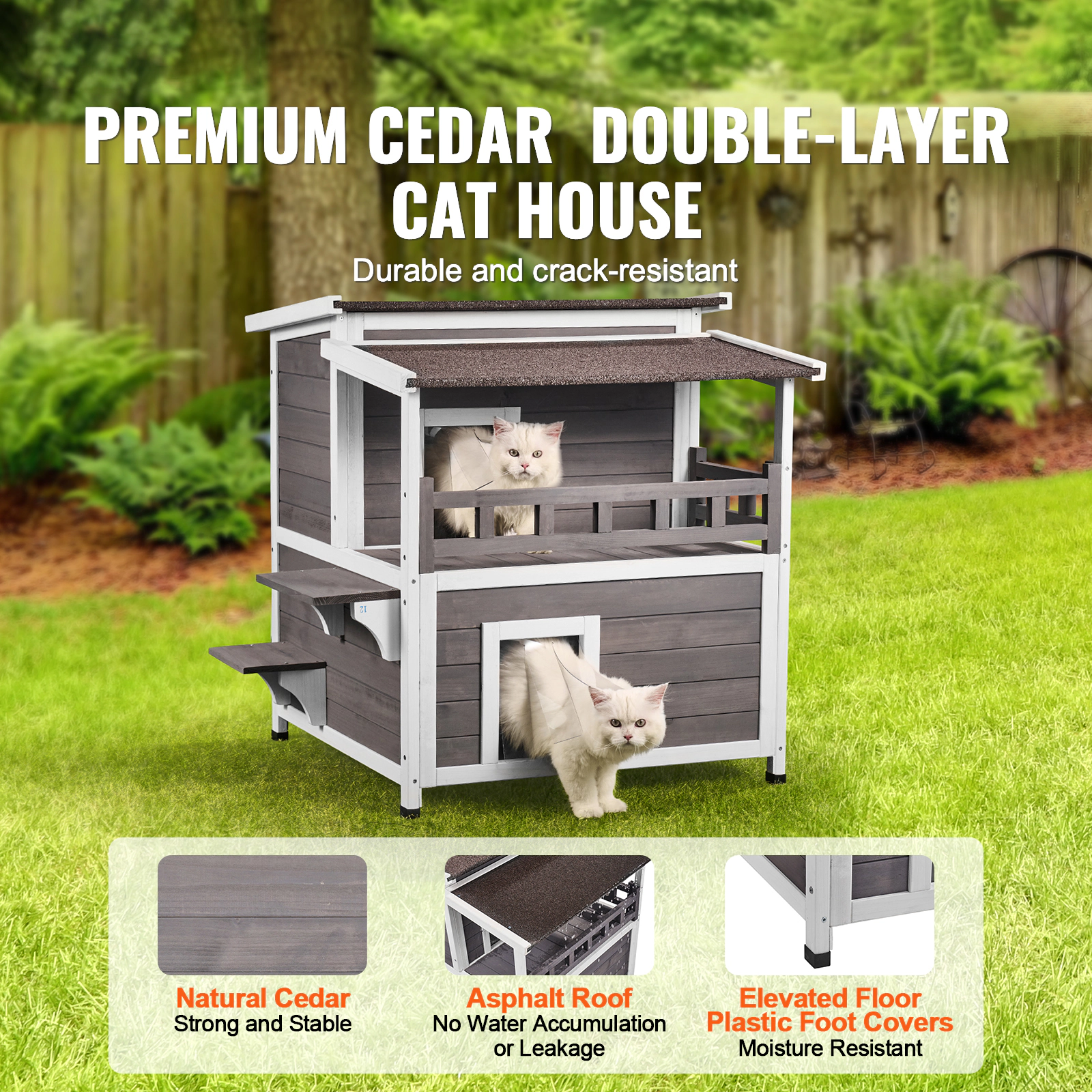 HONGGE 2-Story Wooden Outdoor Cat House, 30 x 30 x 32 in Weatherproof Feral Cat Shelter with Balcony and Open Roof