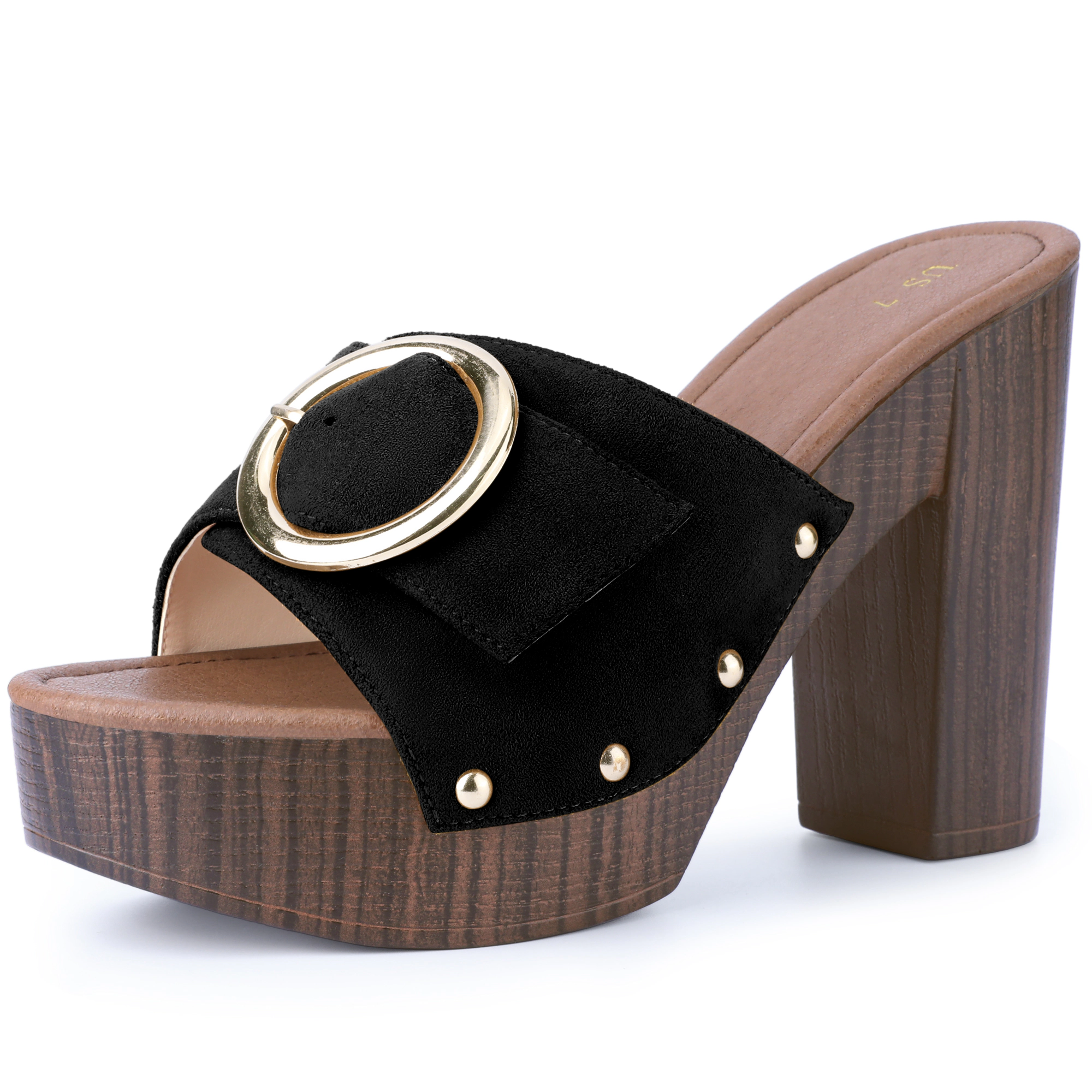 BLISSFUL STEP Women's Faux Suede Buckle Slip on Platform Chunky Heels Sandals