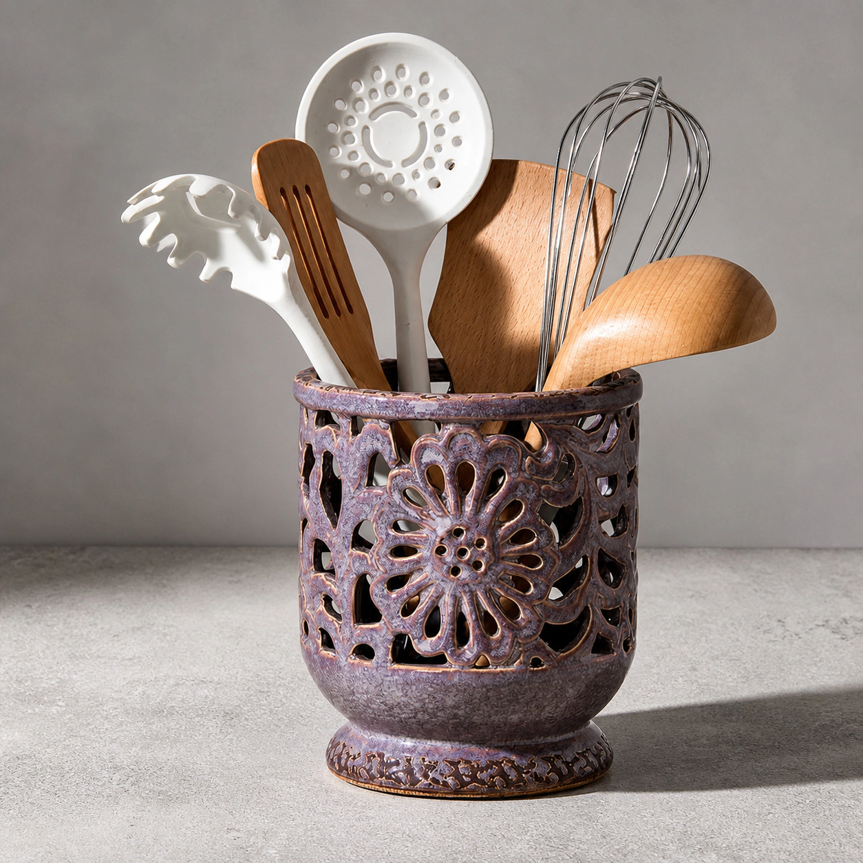 WZK Farmhouse Ceramic With Cork Mat Kitchen Utensil Holder