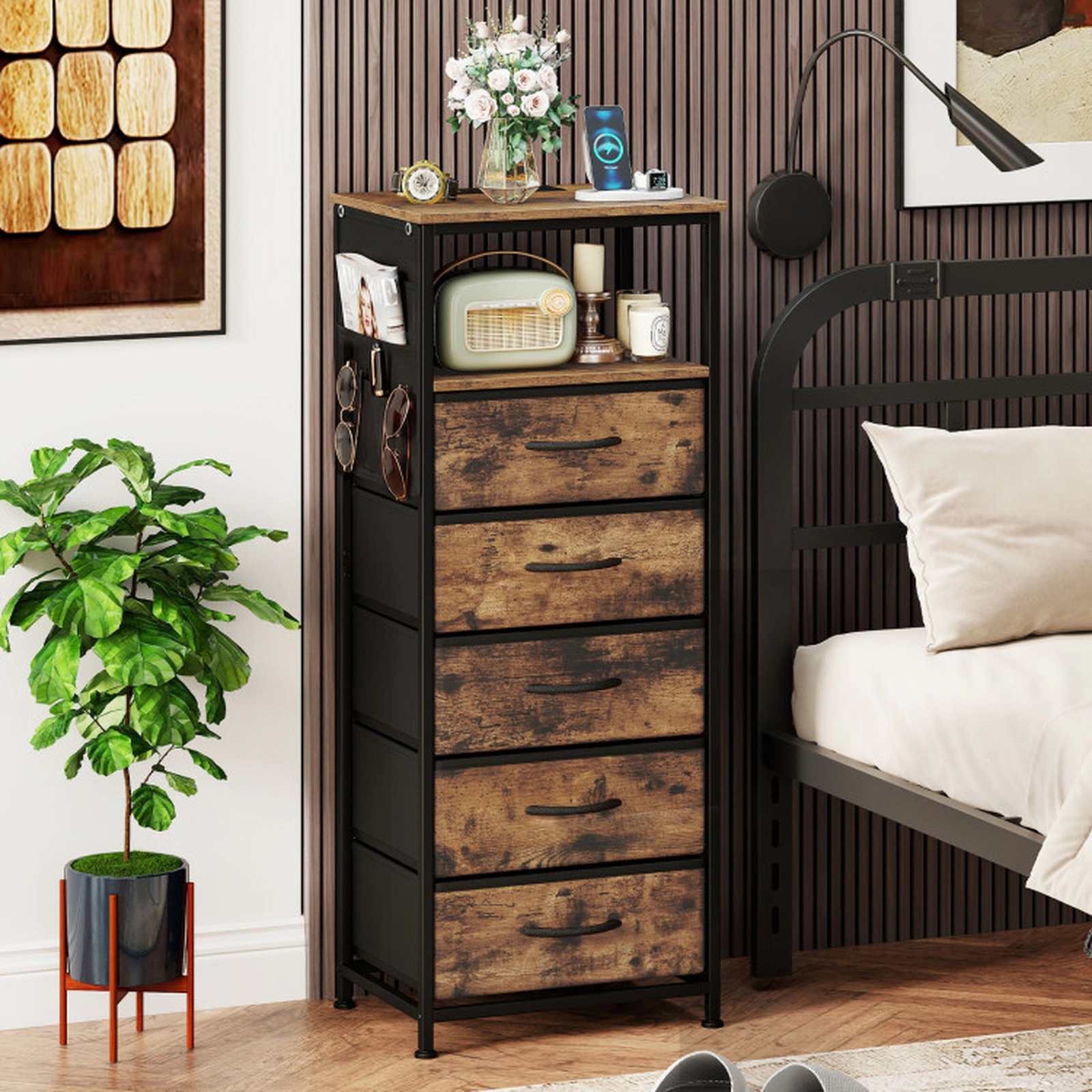 SUGIFT Nightstand Integrated Charging Station Modern Bedside Table 123-Lb Tabletop Capacity 39.4-in Tall Rustic Brown +