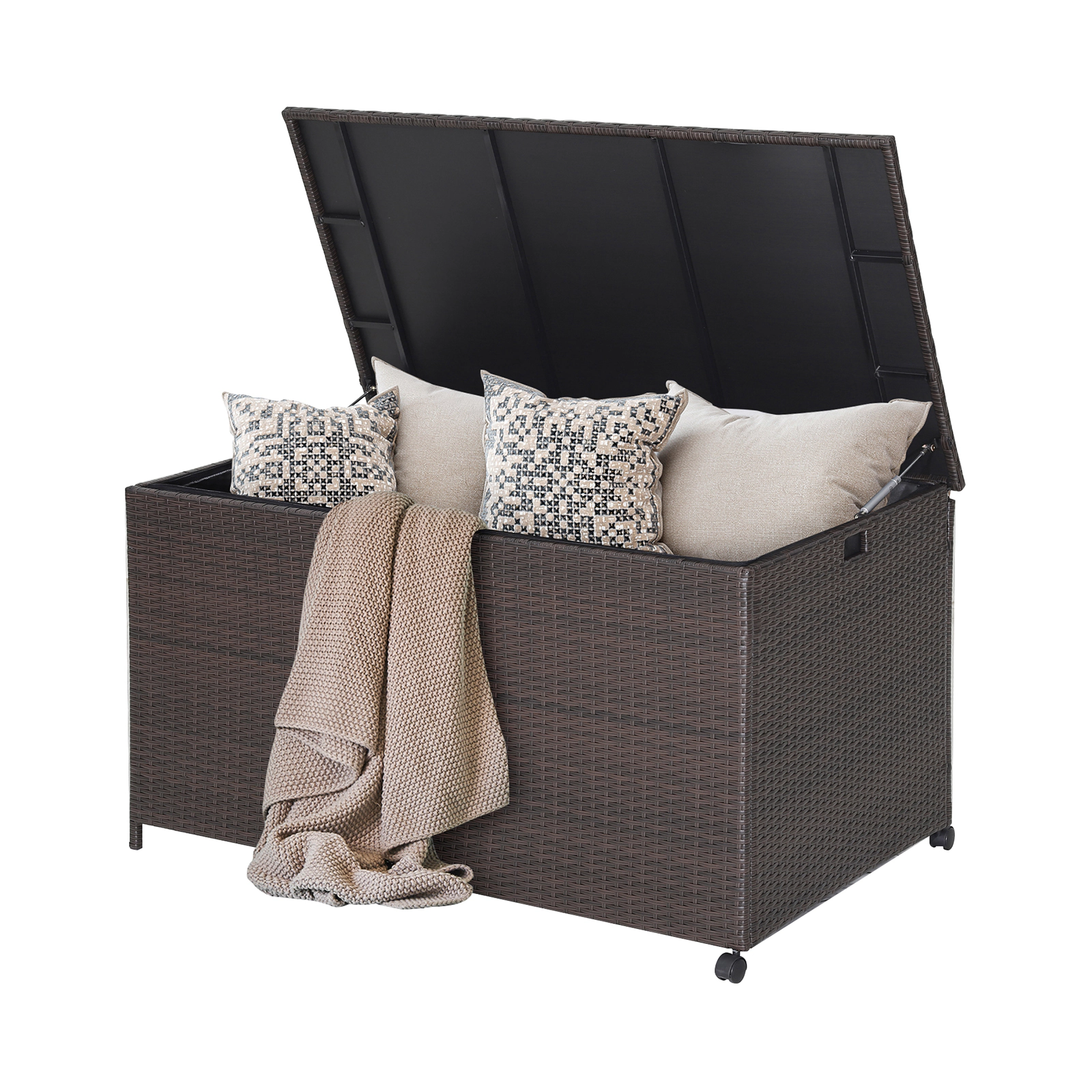 SUGIFT 133-Gal 165-lb Top Capacity Rattan Wicker Outdoor Storage Box with Waterproof Zippered Liner and Wheels