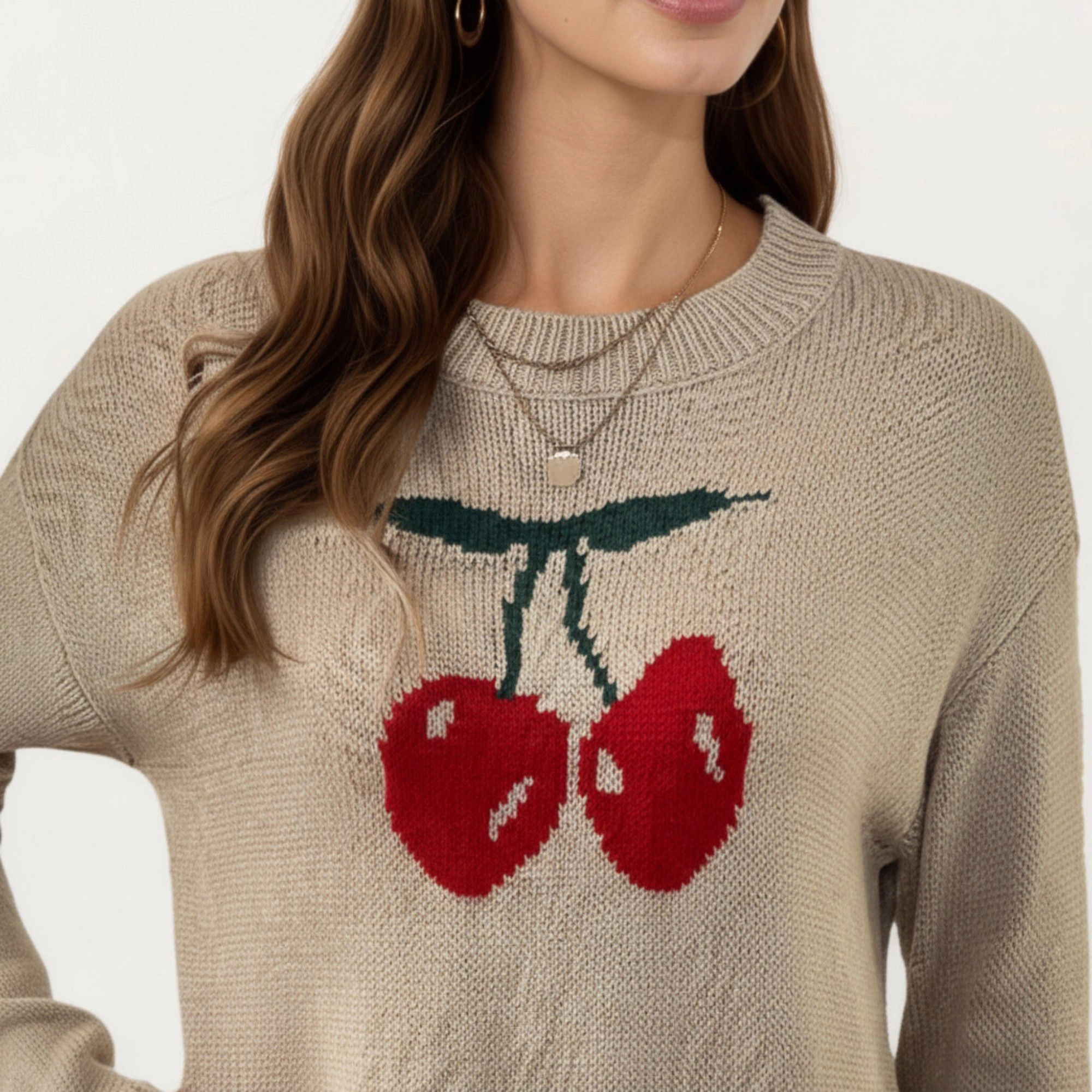 Anna-Kaci Women's Long Sleeve Knit Sweater with Cherry Graphic Design and Ribbed Trim