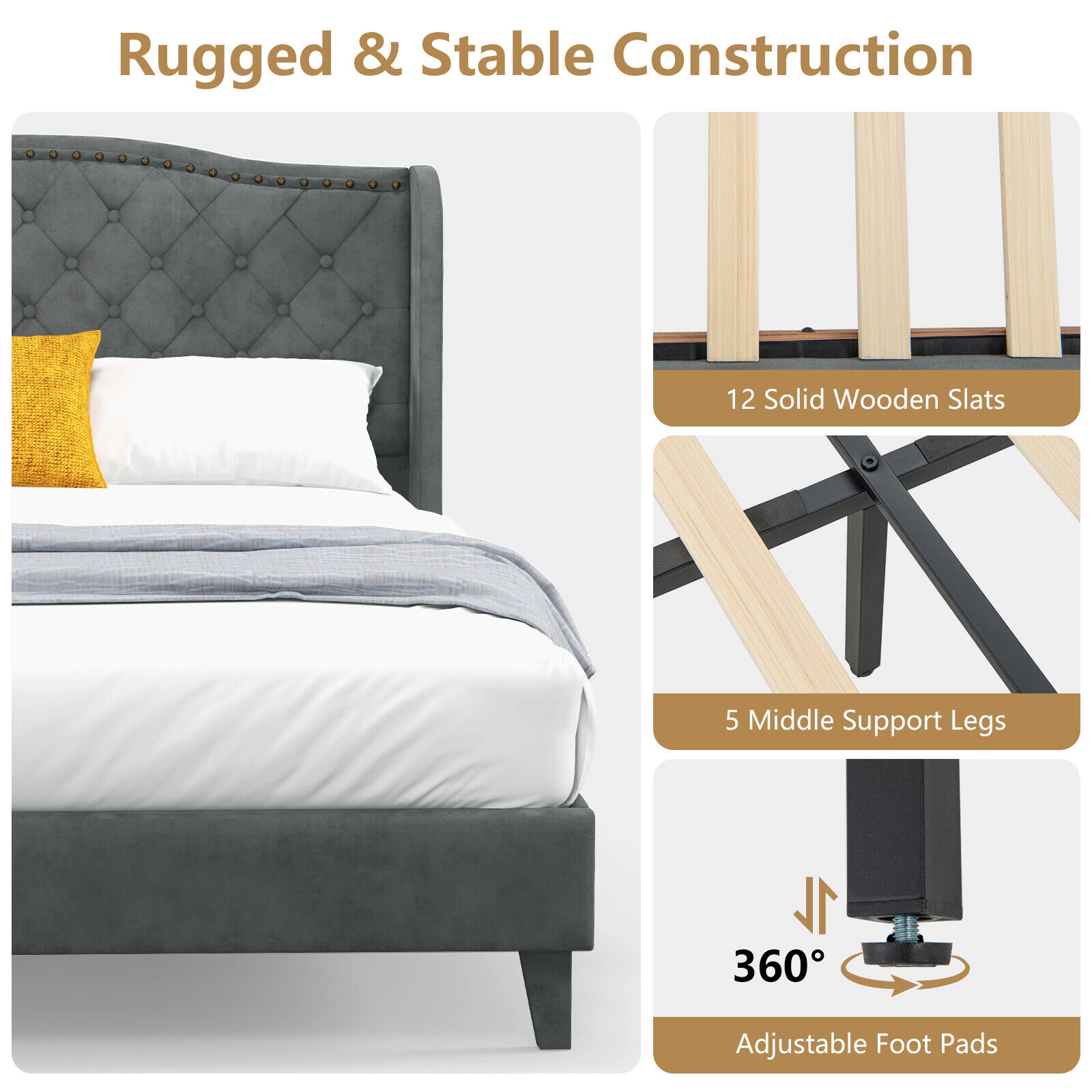 SUGIFT Full/Queen Upholstered Platform Bed Frame with Button Tufted 44-in Headboard 1000-lb Capacity Gray