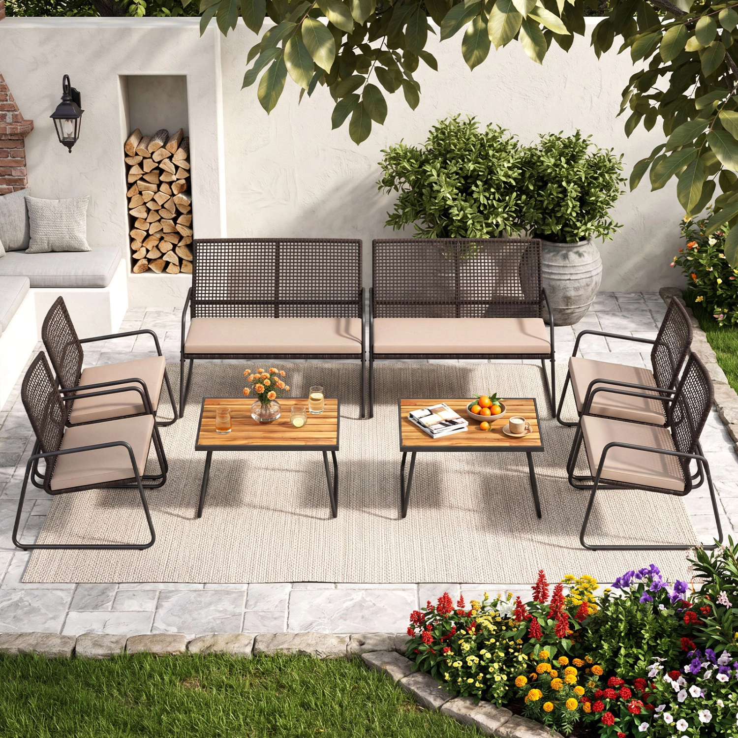 LJG 8 Pieces Patio Furniture Set with Acacia Wood Coffee Table and Zippered Cushions