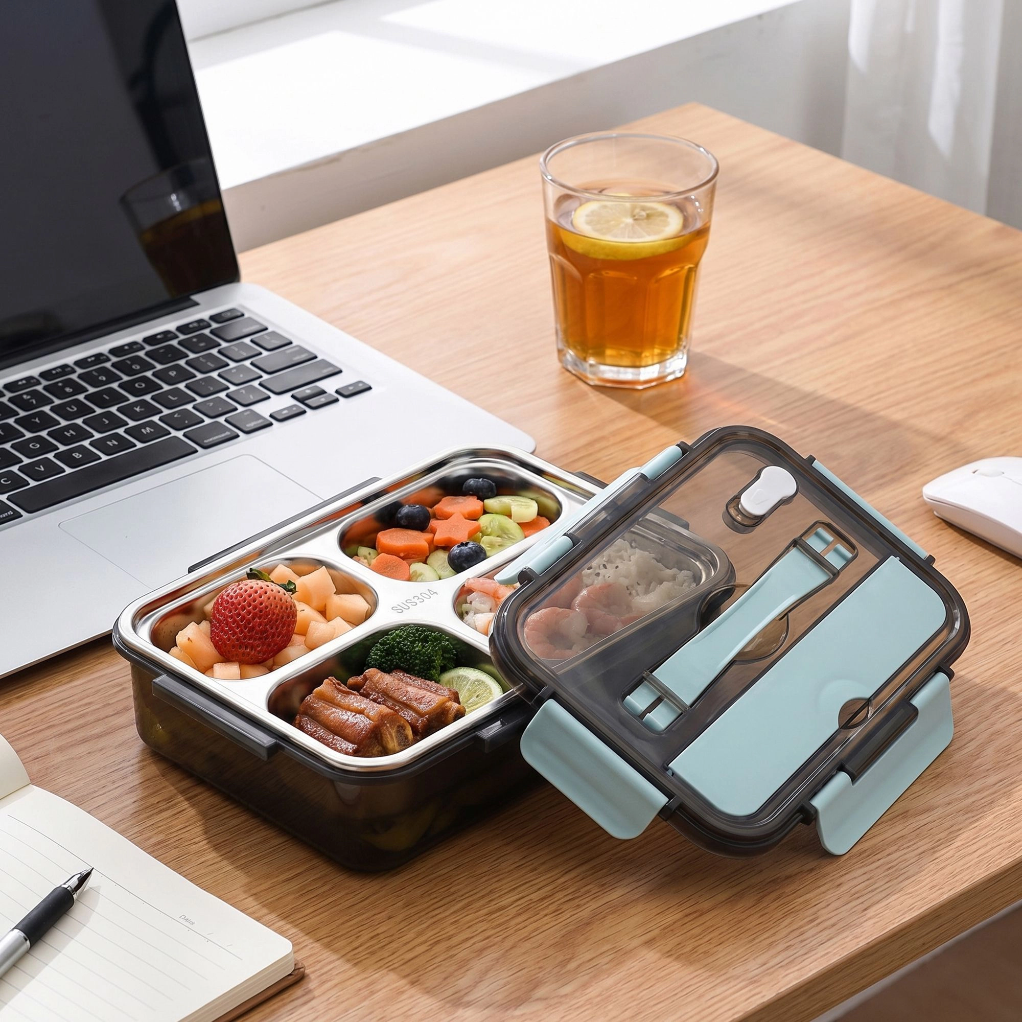 Alilang Unisex Bento Lunch Box Leakproof Food Container with Compartments Utensil Storage and Secure Lock Lid 9.4x6.9x2.