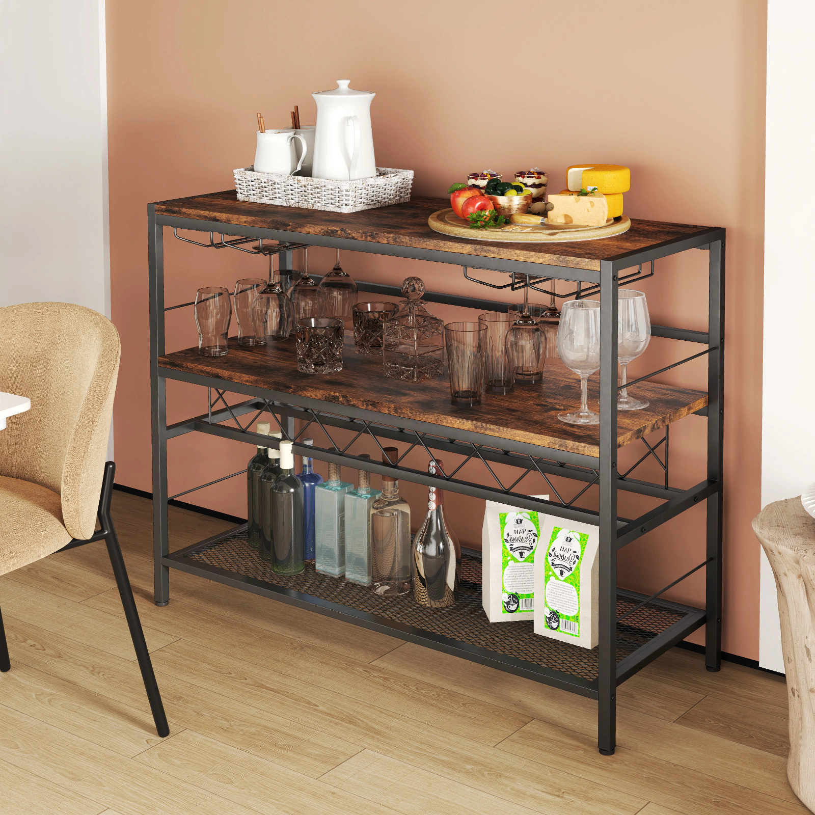 SUGIFT Rustic Brown 41-in 4-Tier Bar Table with Wine Rack Mini Bar Cabinet for 7 Bottles and 16 Glasses