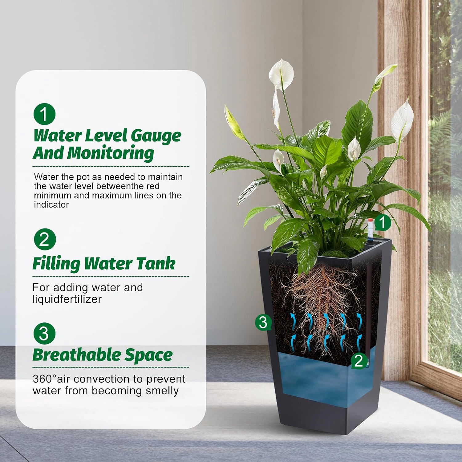 Set of 2 Rectangular Planters 21.6" Tall, Self-Watering Drainage & Water Level Monitor, Wheels