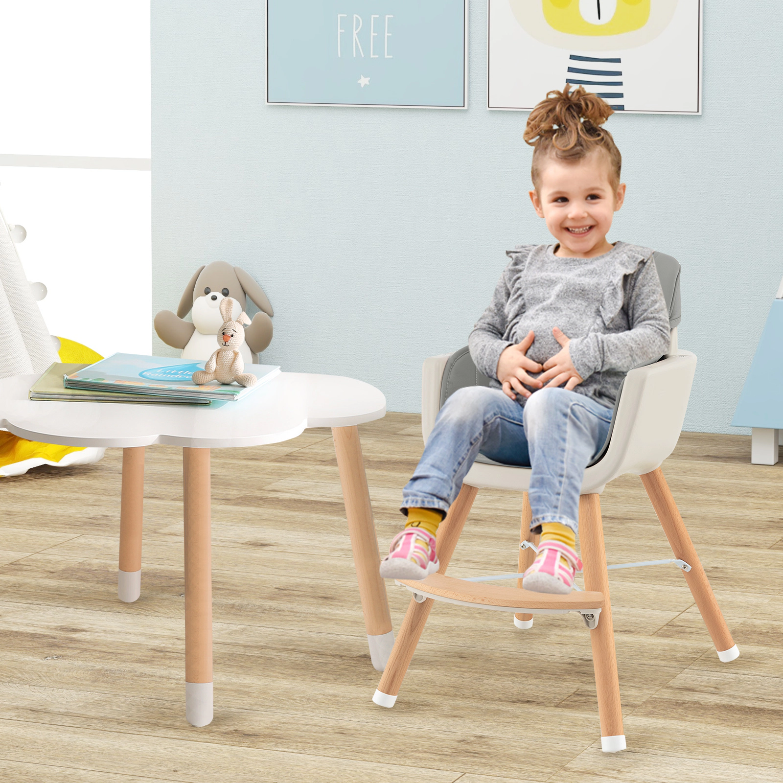 SUGIFT Removable PU Cushion and Tray 3-in-1 Convertible Wooden Baby High Chair