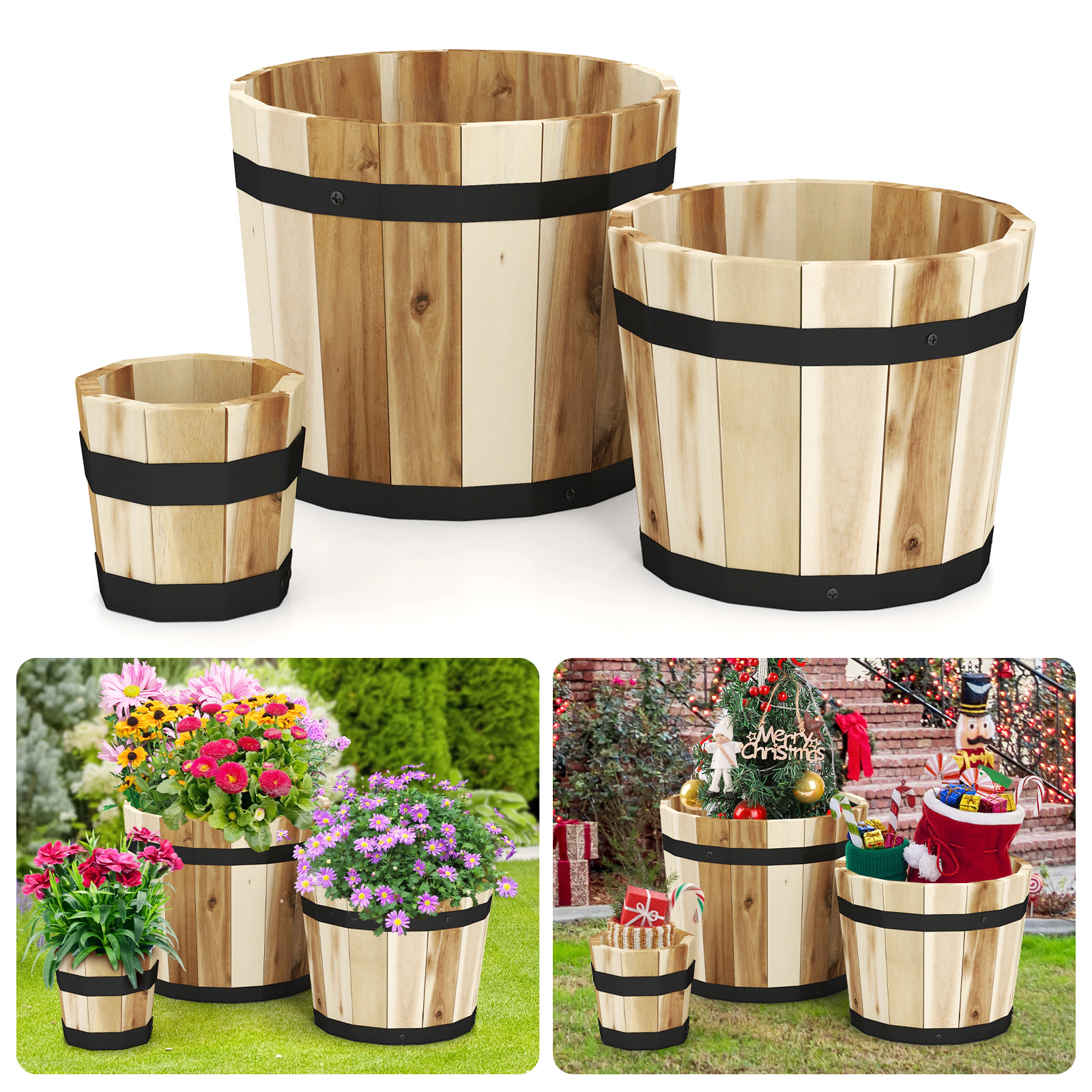 SlickBlue Set of 3 Wooden Whiskey Barrel Planters for Indoor and Outdoor Garden