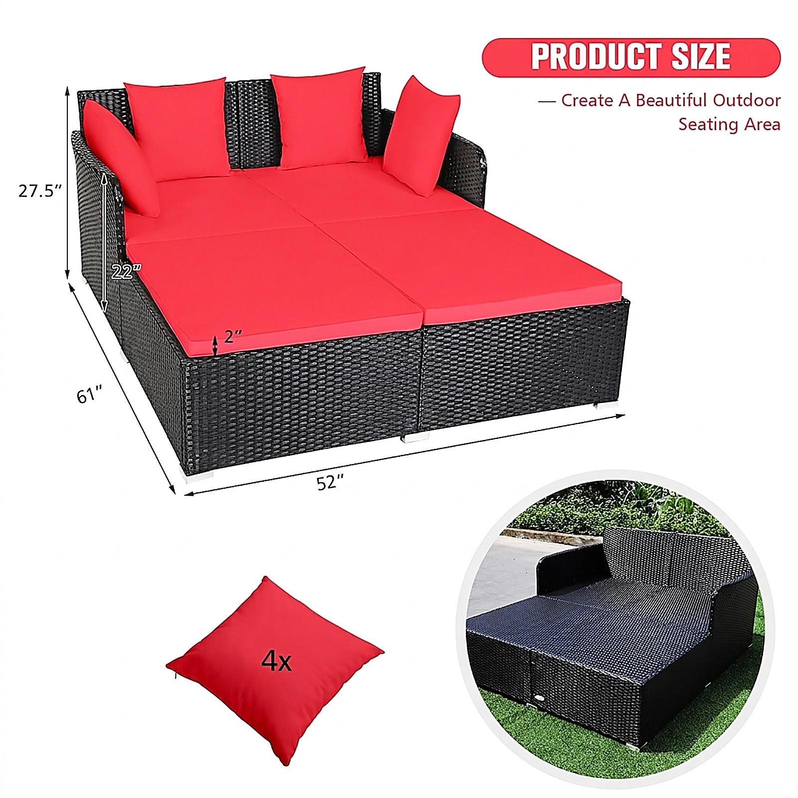 SUGIFT Upholstered Cushions and 4 Pillows Spacious Outdoor Rattan Daybed