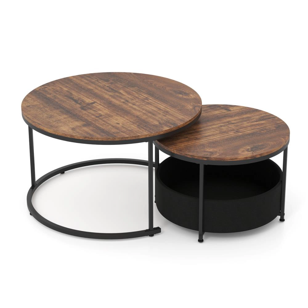 Hivvago Round Coffee Table Set Of 2 Circle Cocktail With Storage Basket