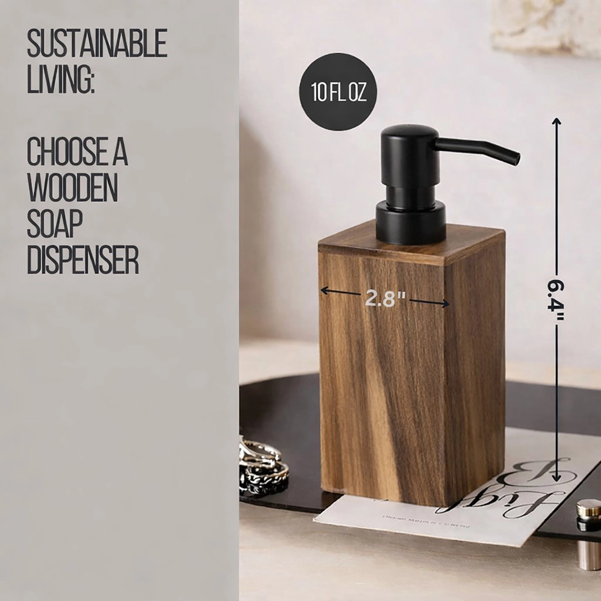 Evideco French Home Goods Acacia Wood 10 oz Refillable Soap Dispenser