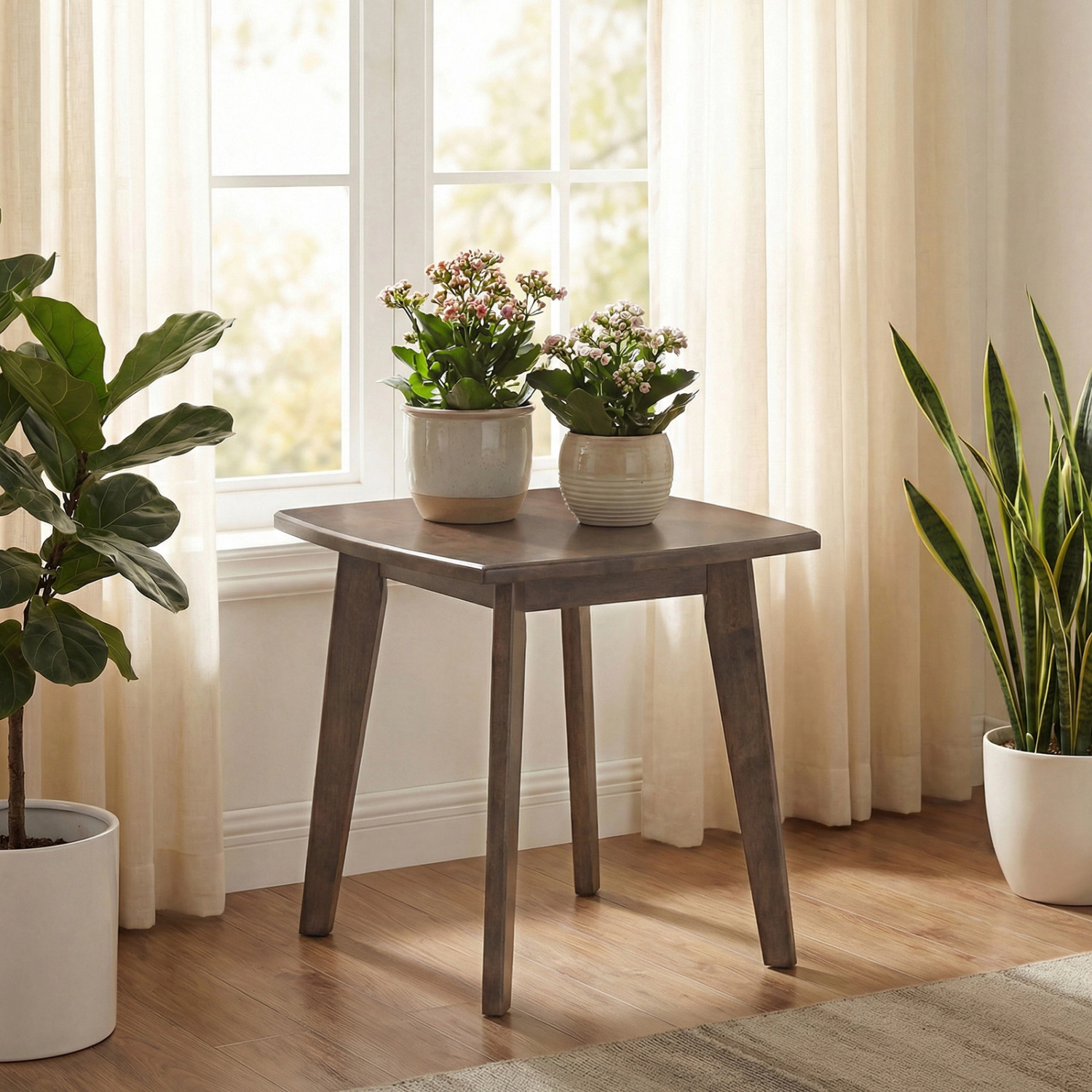 LJG Solid Wood Side Table Square End Table with Thickened Top and Curved Edge