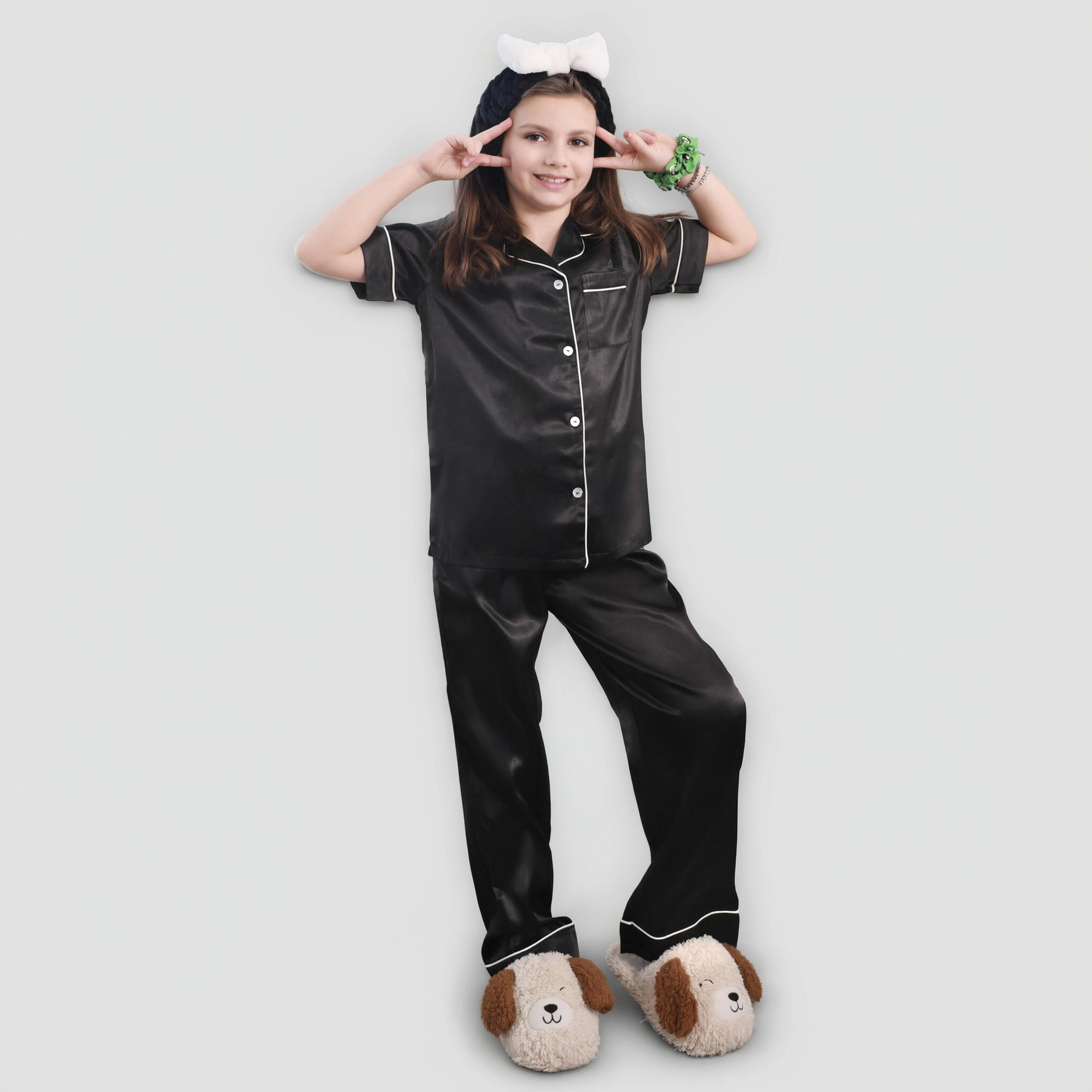 Arshiner Girls Pajamas Silk Satin Button Down Piece Short Sleeve Sleepwear Set