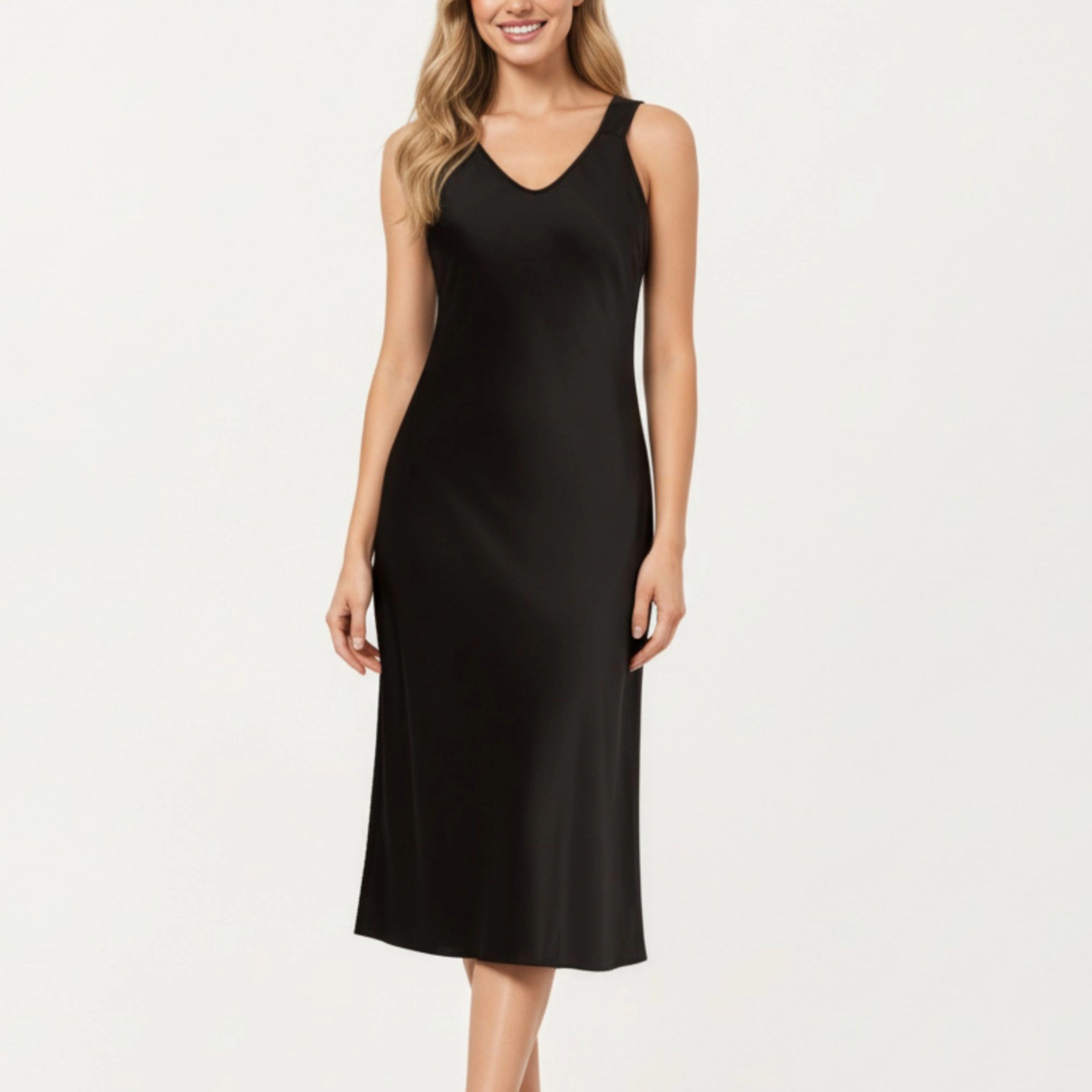 Anna-Kaci Women's Satin Midi Slip Dress with Wide Shoulder Straps and Smooth Sculpted Silhouette