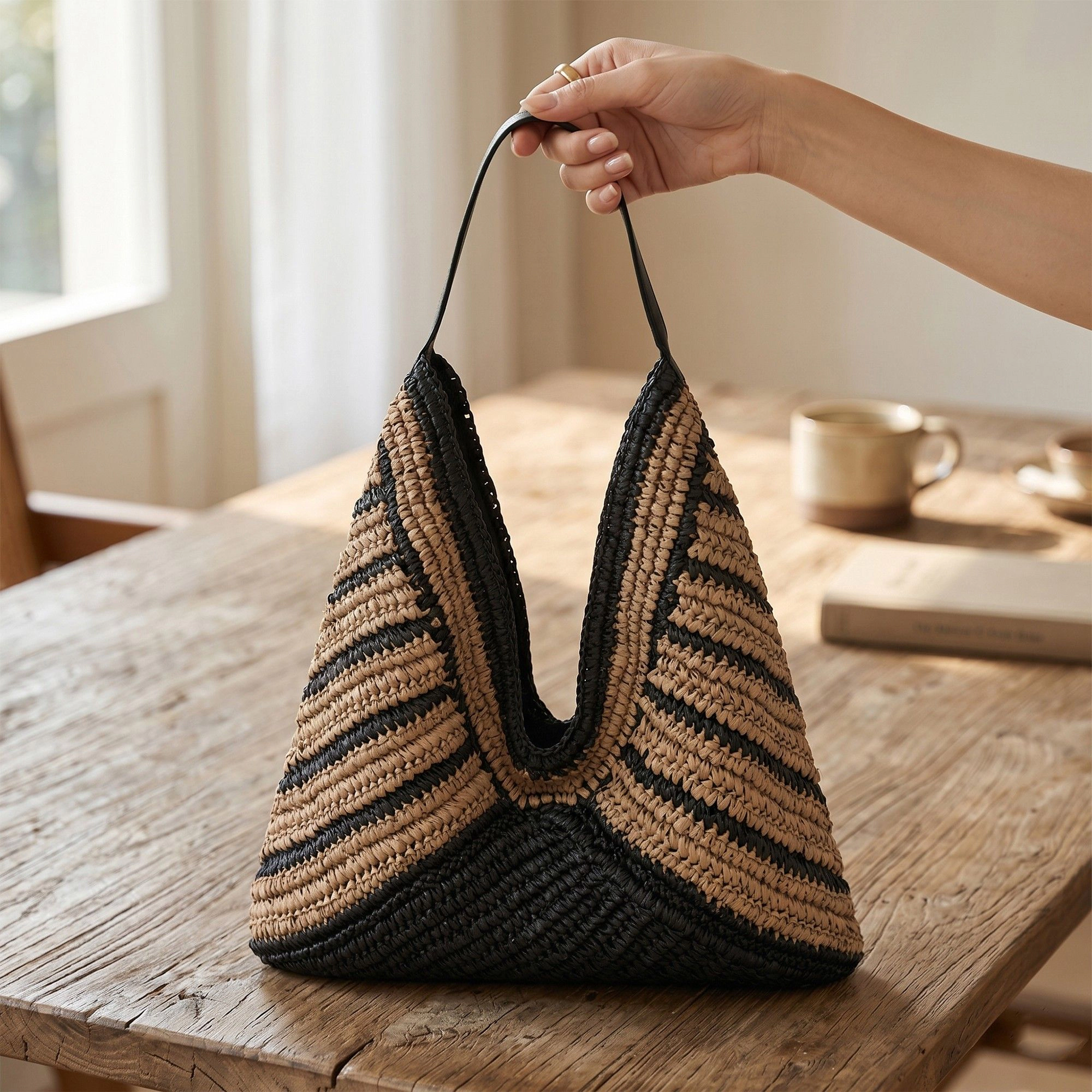 Alilang Women's Woven Crochet Hobo Bag with Striped Pattern Slouchy Shoulder Handbag Lightweight Knit Tote
