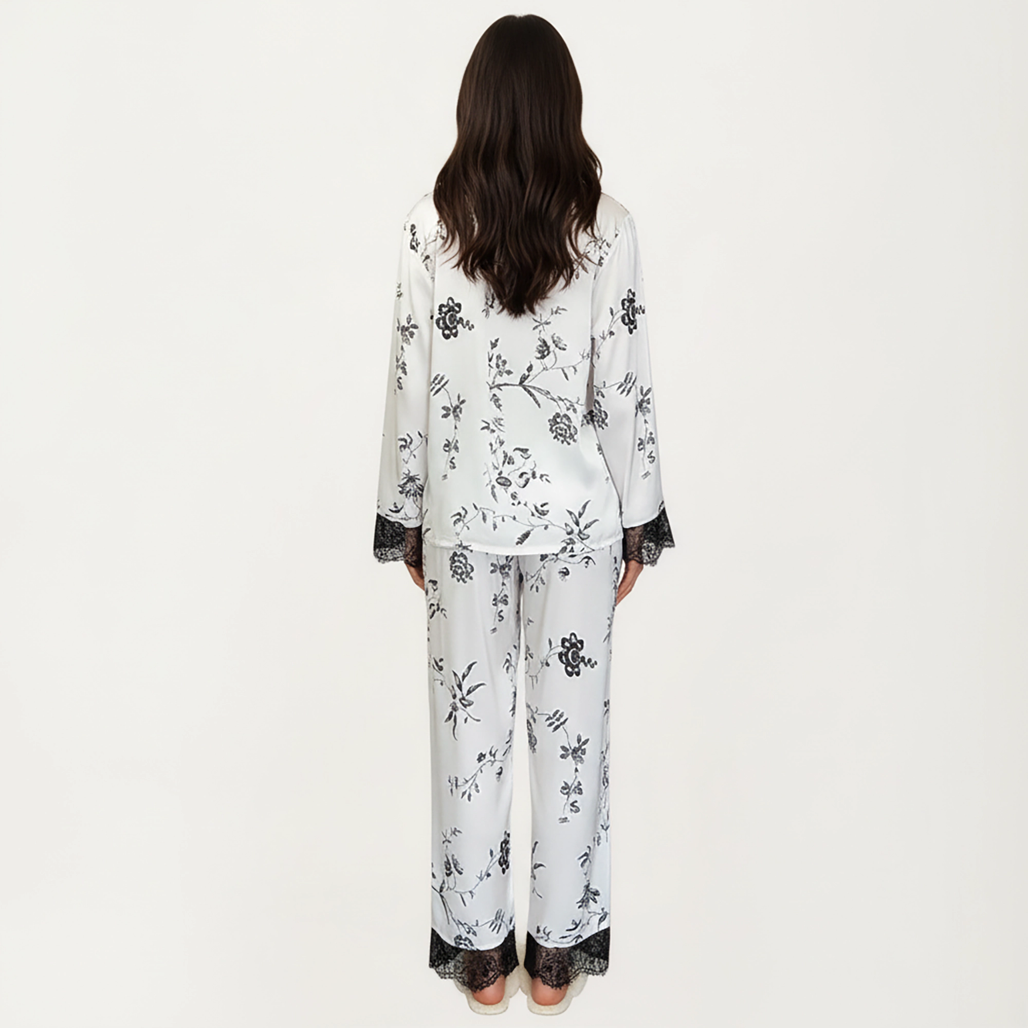 Anna-Kaci Women's Satin Pajama Set with Floral Print and Lace Trim Cuffs Hem