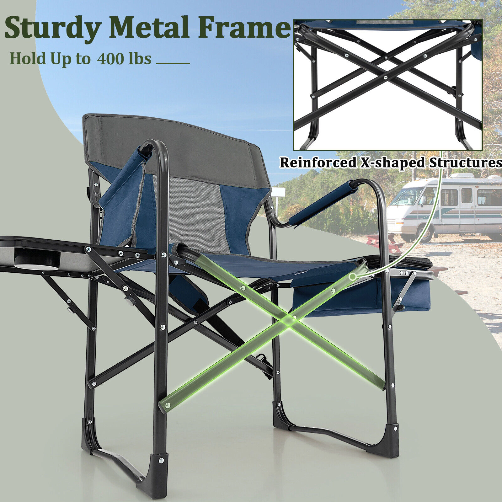 SUGIFT 400-lb Capacity Folding Directors Camping Chair with Side Table Cooler Bag and Storage Bag