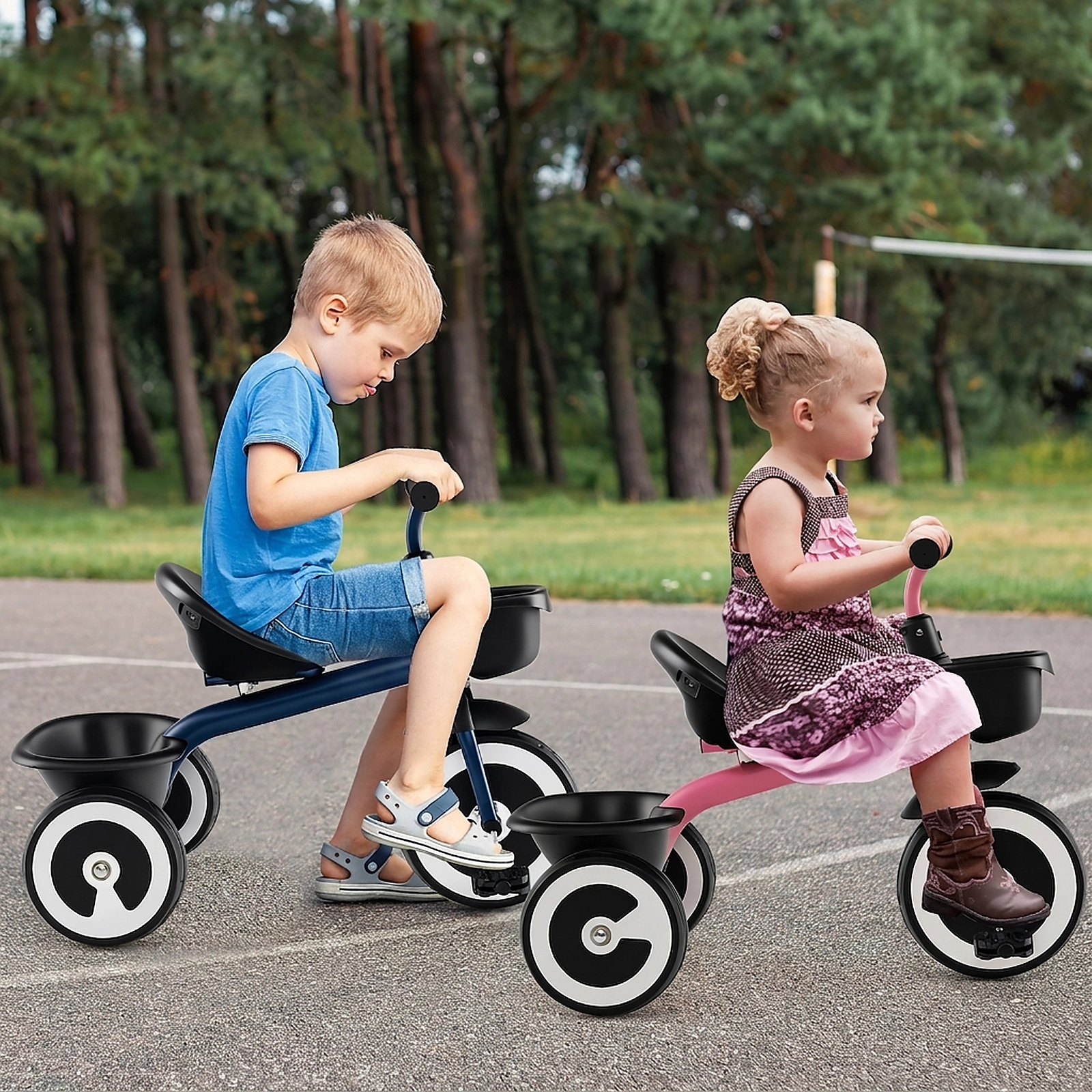 Toddler Tricycle Adjustable Seat Front Rear Baskets Silent EVA Wheels and 110-Degree Limited Steering Ages 1.5-5 Pink