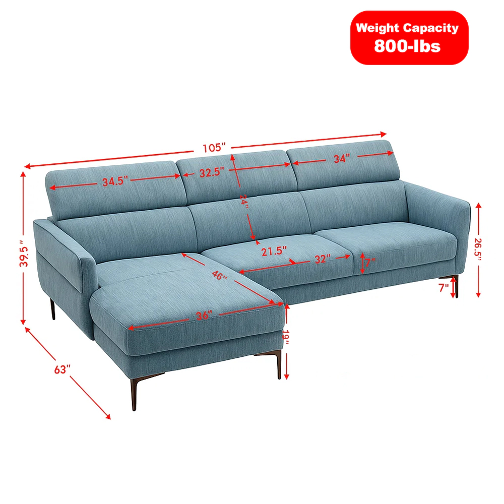 Hivvago L-Shaped Sectional Couch with Triple Adjustable Headrests